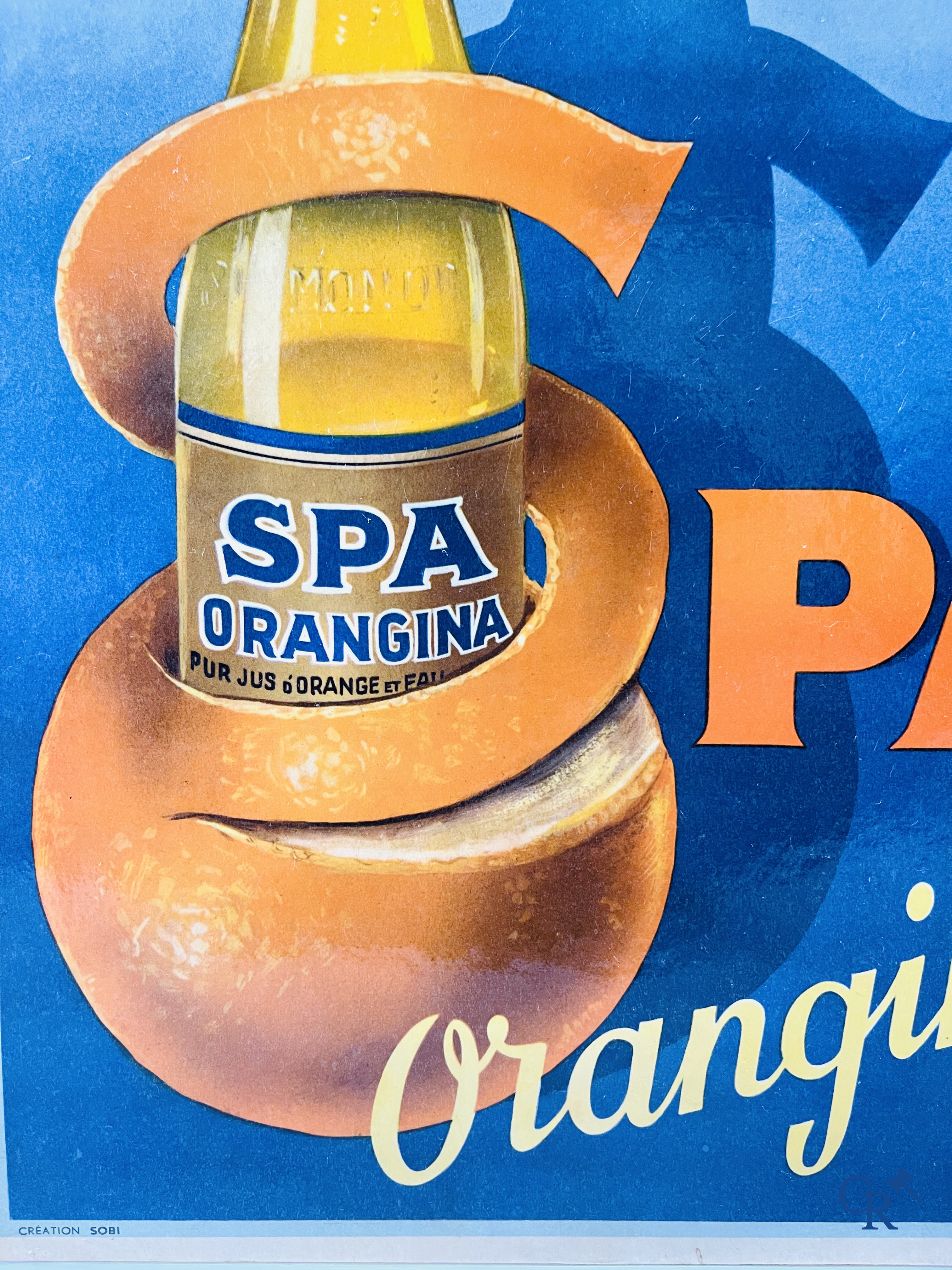 Spa, a publicity printed on metal for Spa Citron and a lithograph on cardboard for Spa Orangina. 1950's.