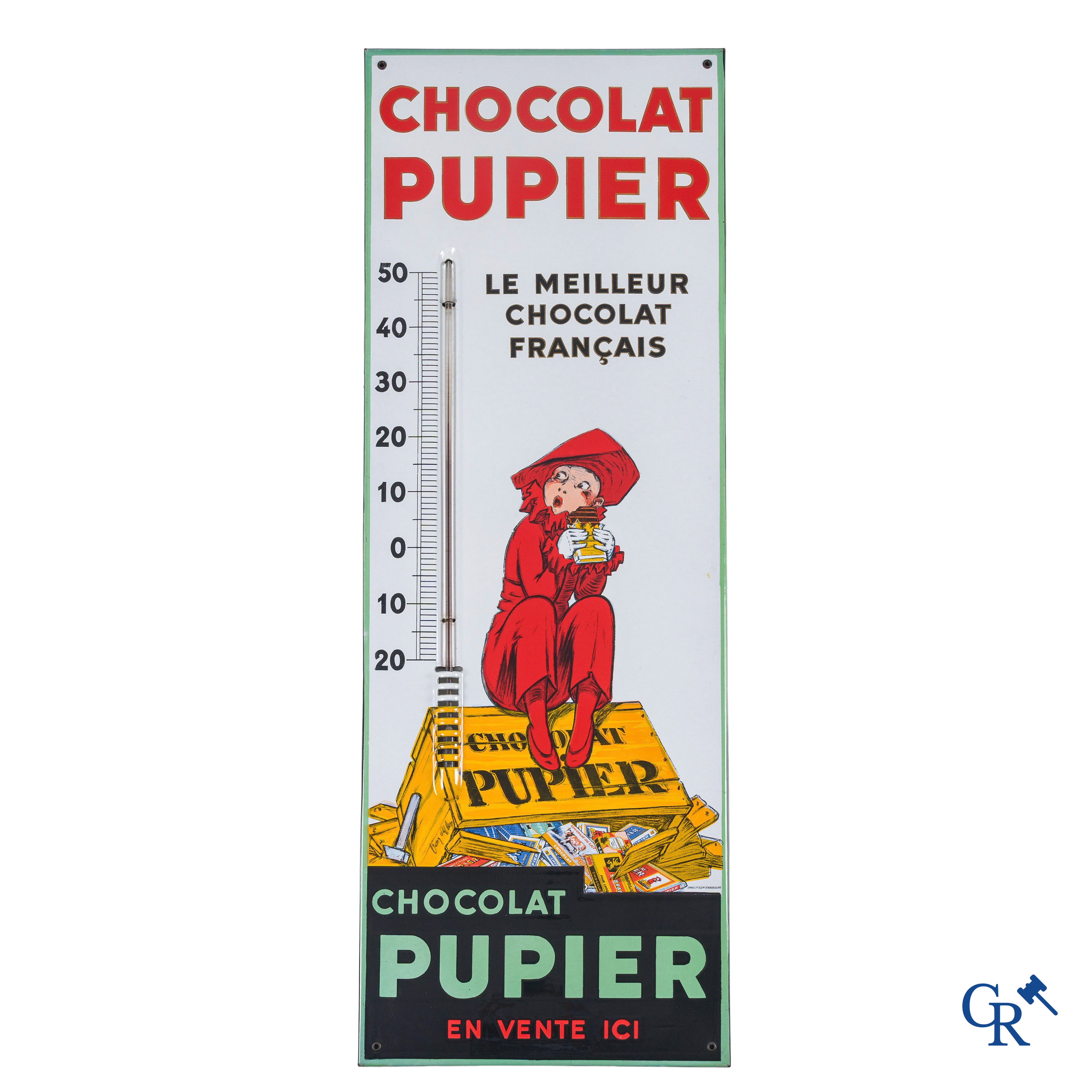Chocolat Pupier, plaque émaillée illustré du personnage de Jean D'Ylen, vers 1930.