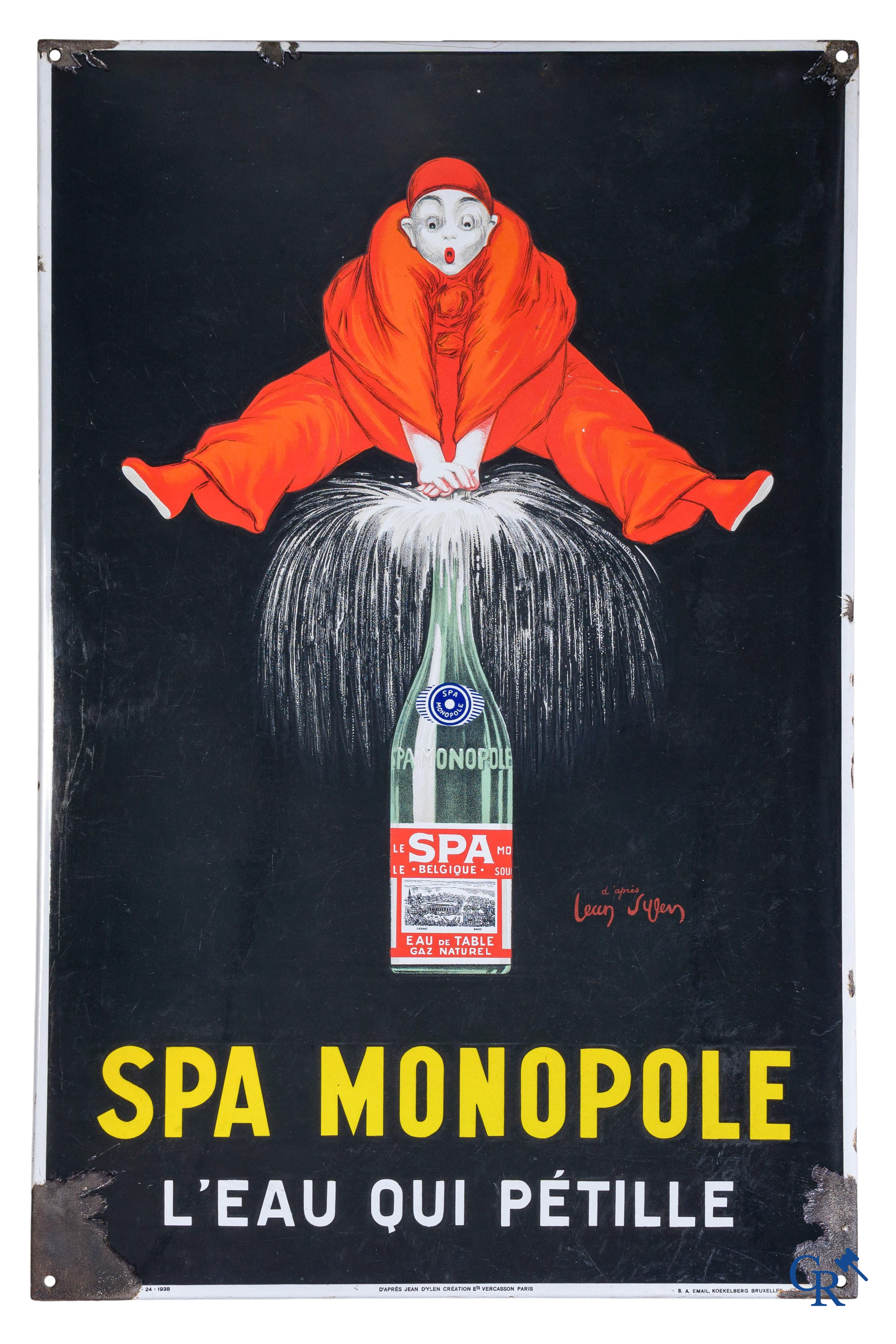 Spa Monopole "l'eau qui pétille" Plaque émaillée publicitaire représentant "Pierrot" d'après un dessin de Jean d'Ylen.