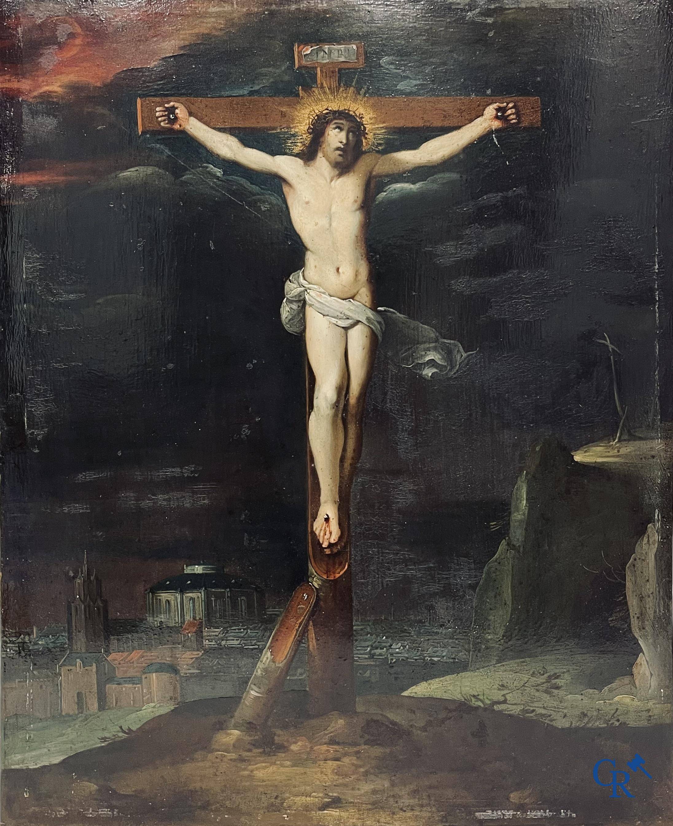 Vlaamse school: Christus aan het kruis. Olie op koper. 16-17de eeuw.