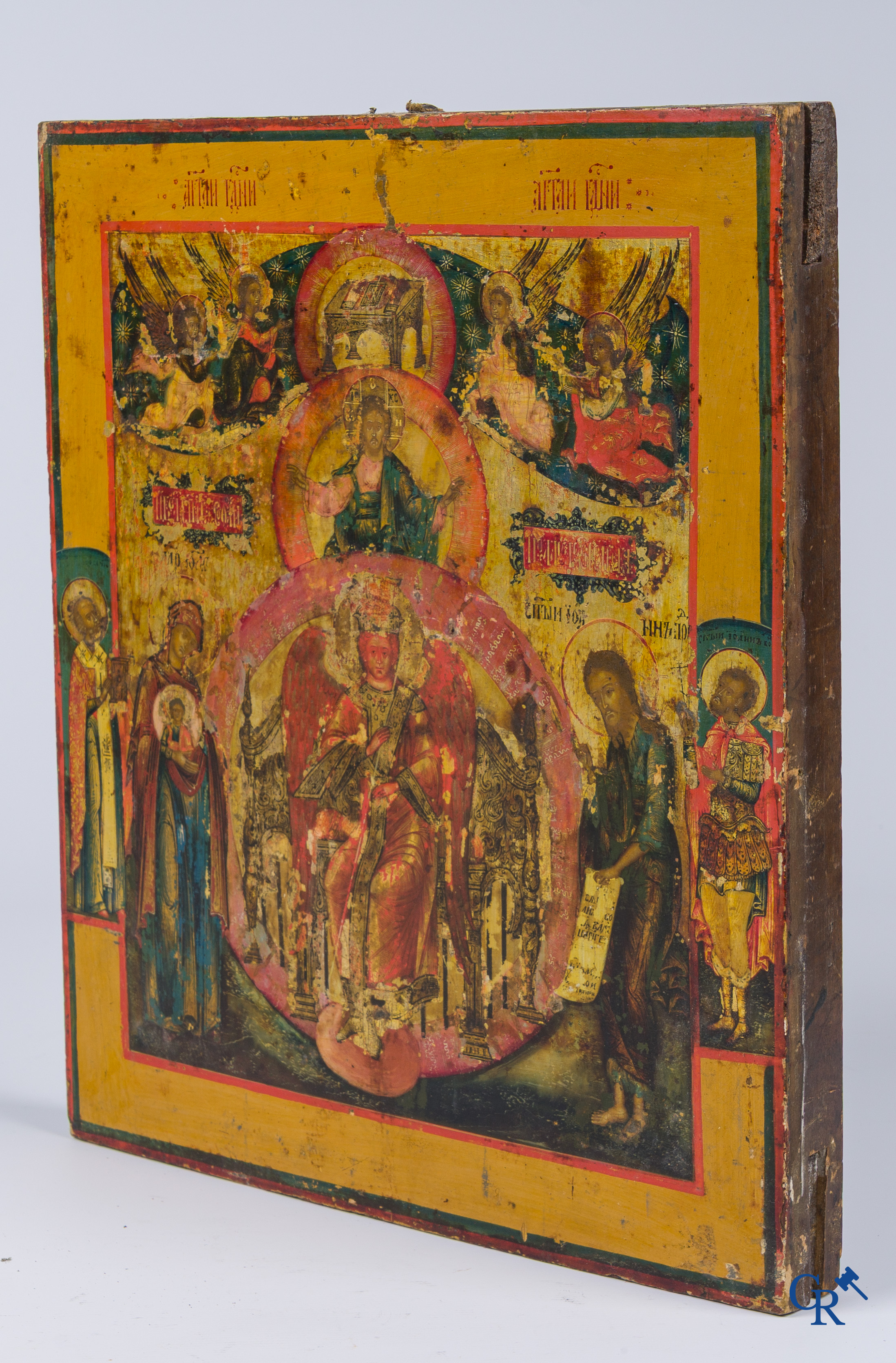 Russian work. Icon, tempera on wood with silver oklad. Marked.