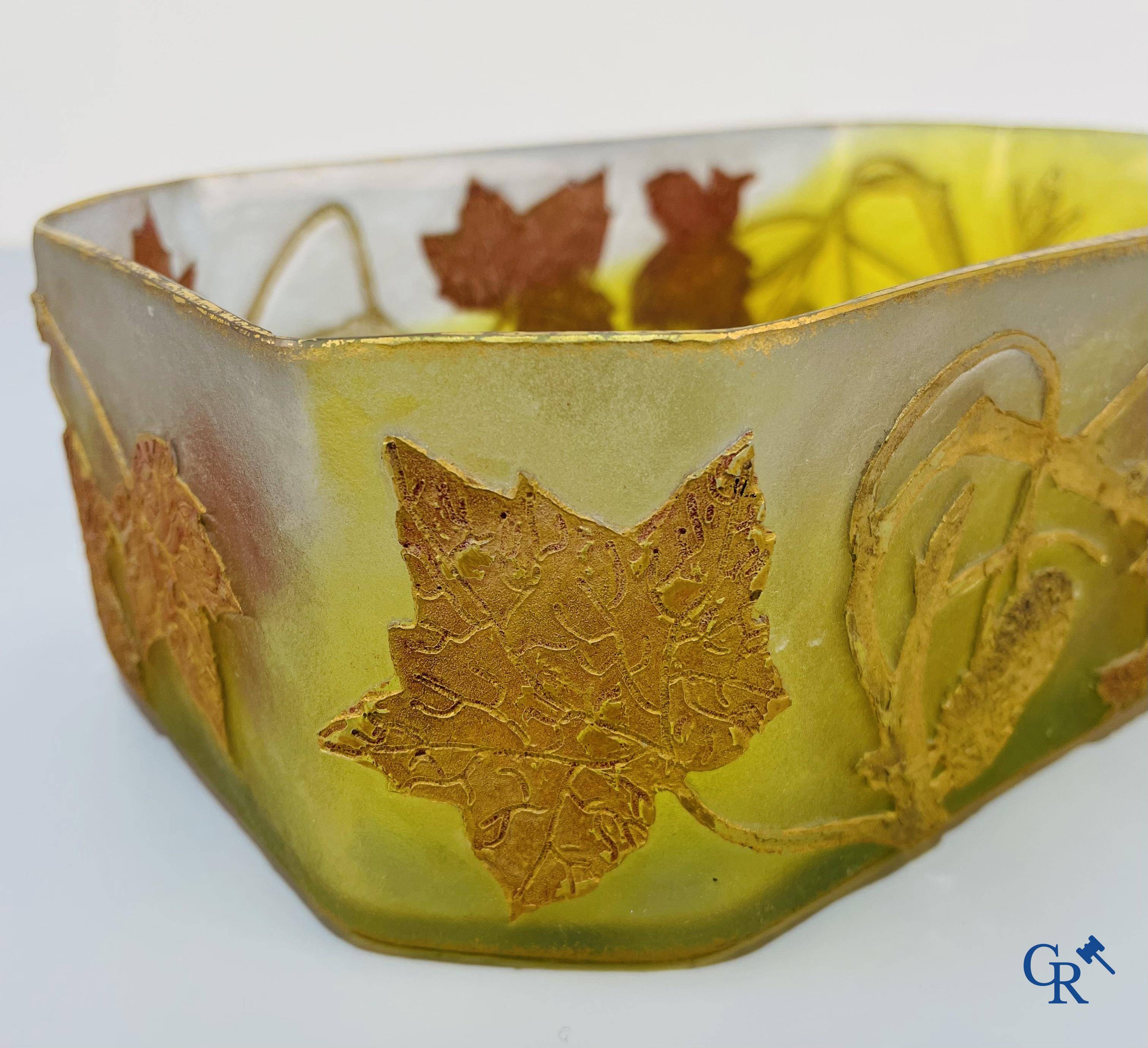 Daum Nancy. Large jardiniere in cameo glass with a decor of chestnut branches on a yellow relief background.