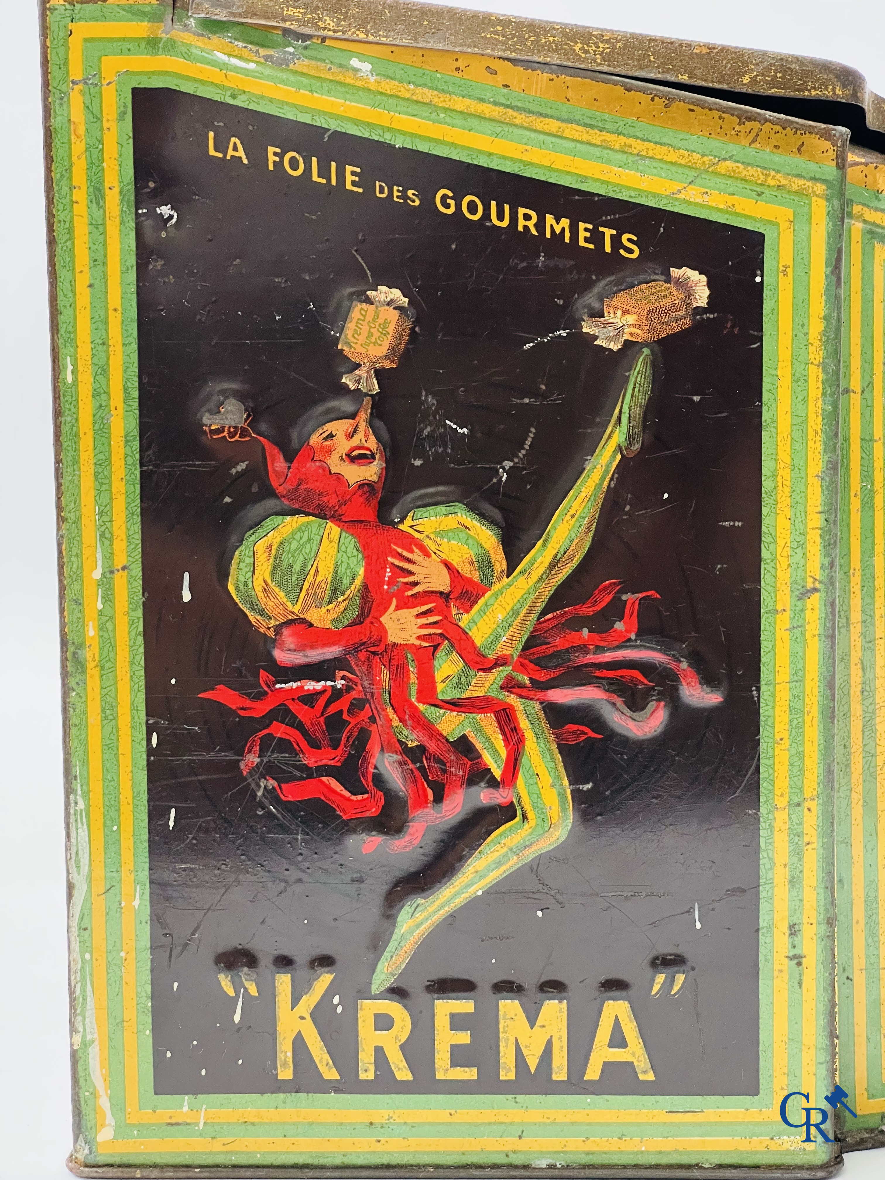 "Krema", Le meilleur bonbon au beurre. Blikdoos met een illustratie van Jean D'Ylen. G. De Andreis & Cie Marseille.