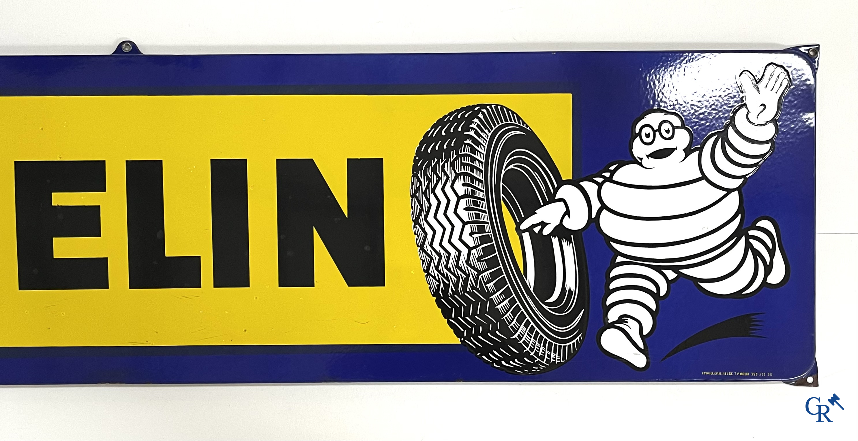 Michelin, large enamel advertising sign with yellow and blue background for Michelin tyres. Emaillerie Belge, 1958.