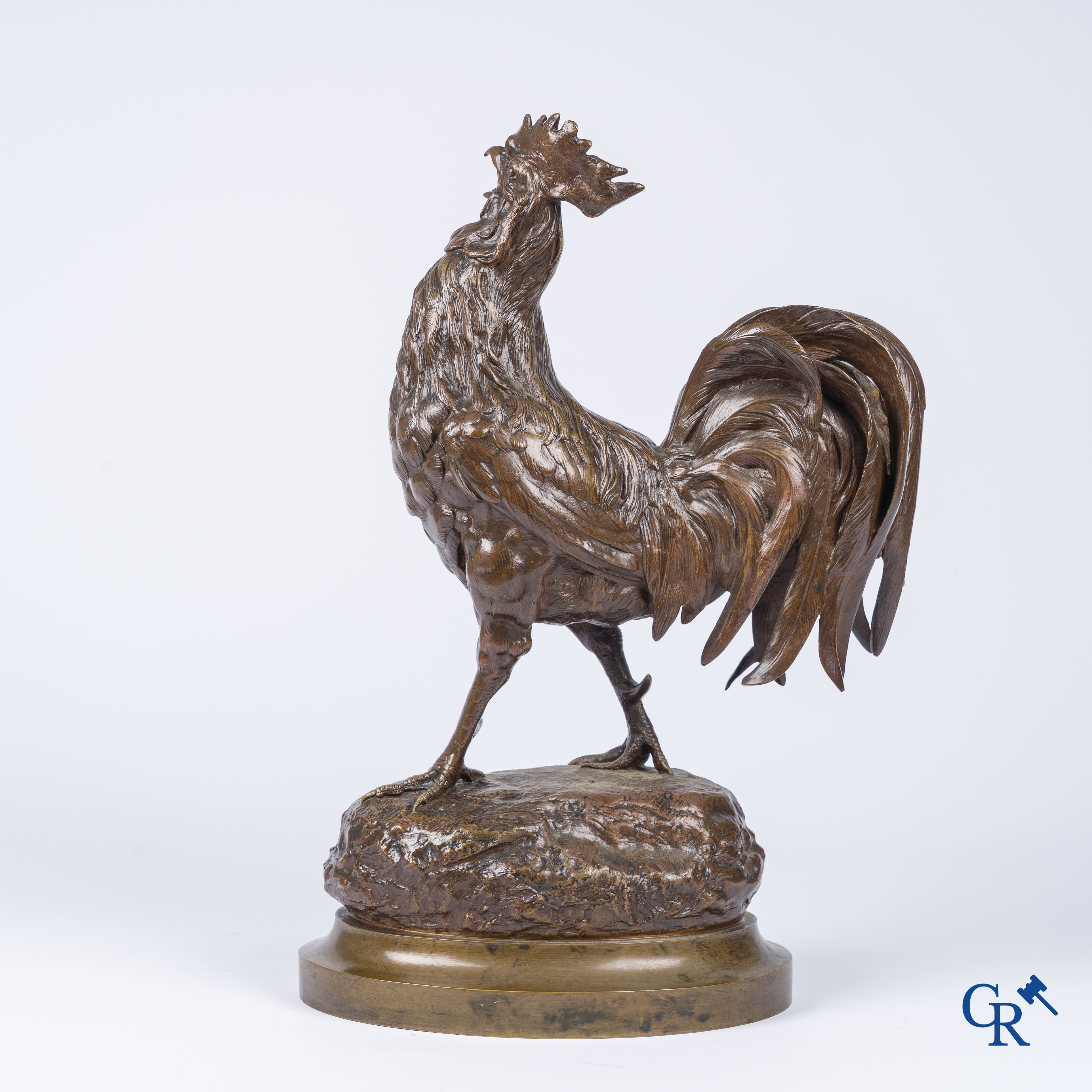 A Barye. Bronze rooster with brown patina. Signed. 19th century.