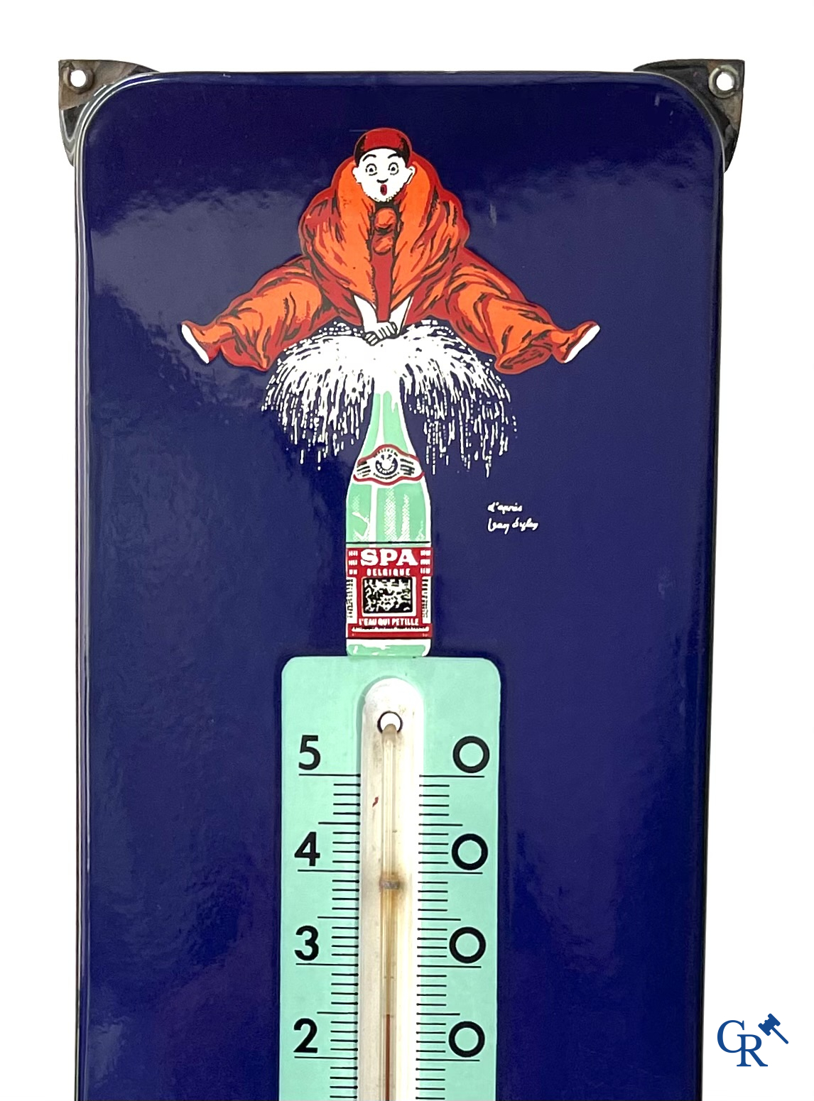 Spa, een emaille reclamebord met ingewerkte thermometer voor Spa water, ontwerp van Jean D'Ylen. Artemail 1961.