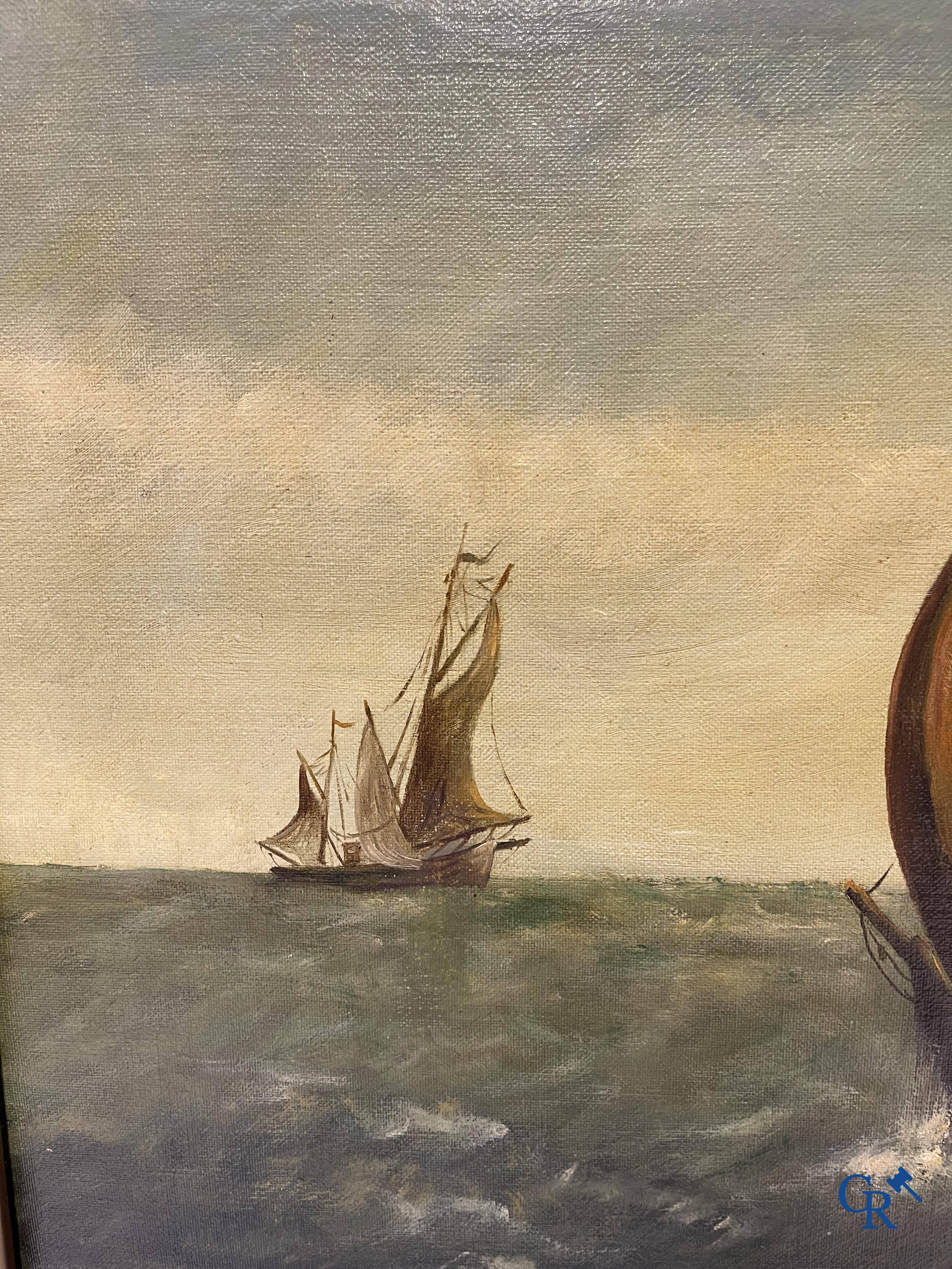 Gustave Helinck (1884-1954) Large naval painting in a richly decorated frame.