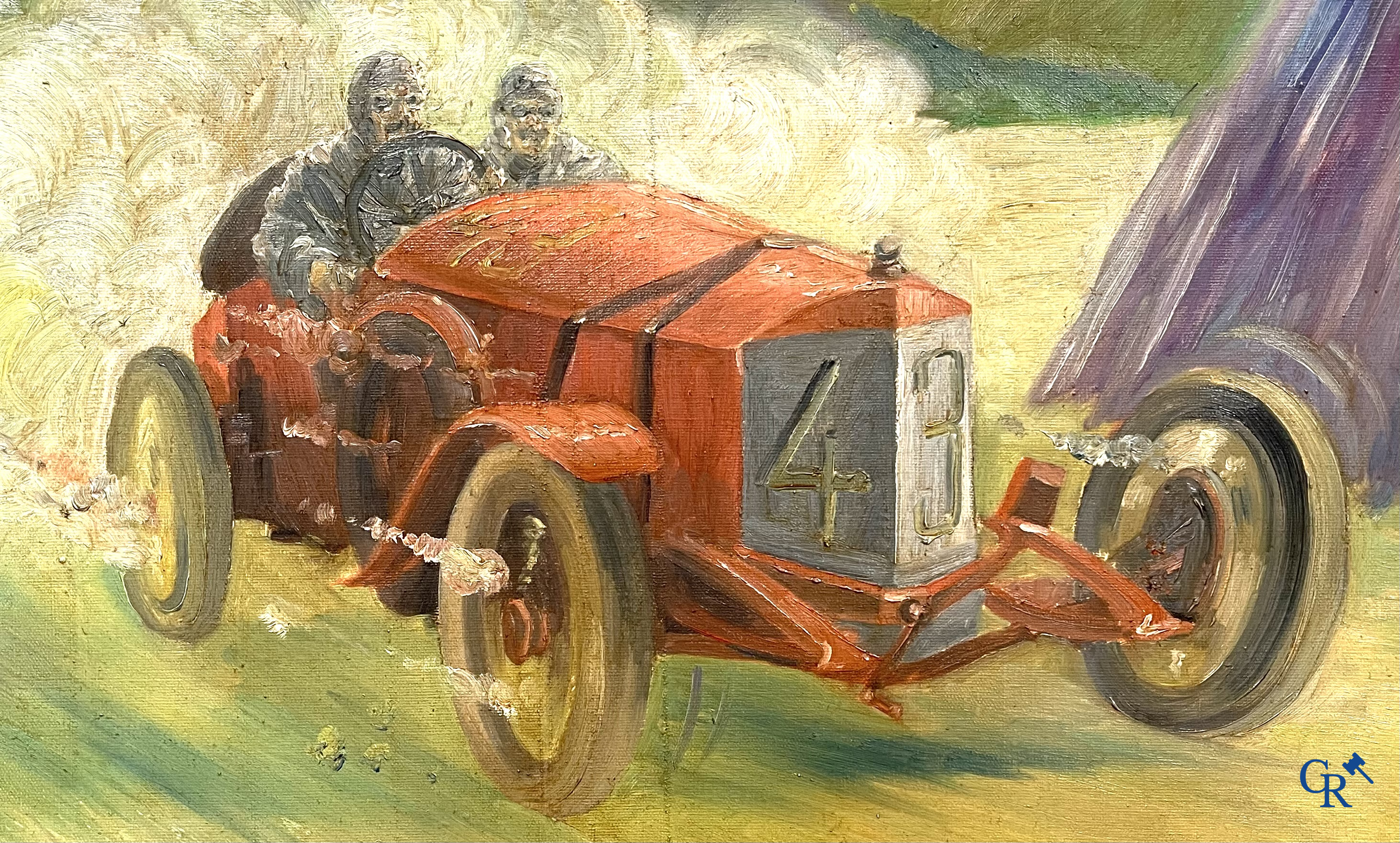 H. Mulher, "Course Automobile". Painting, oil on canvas with a 1920's racing car numbered 43.