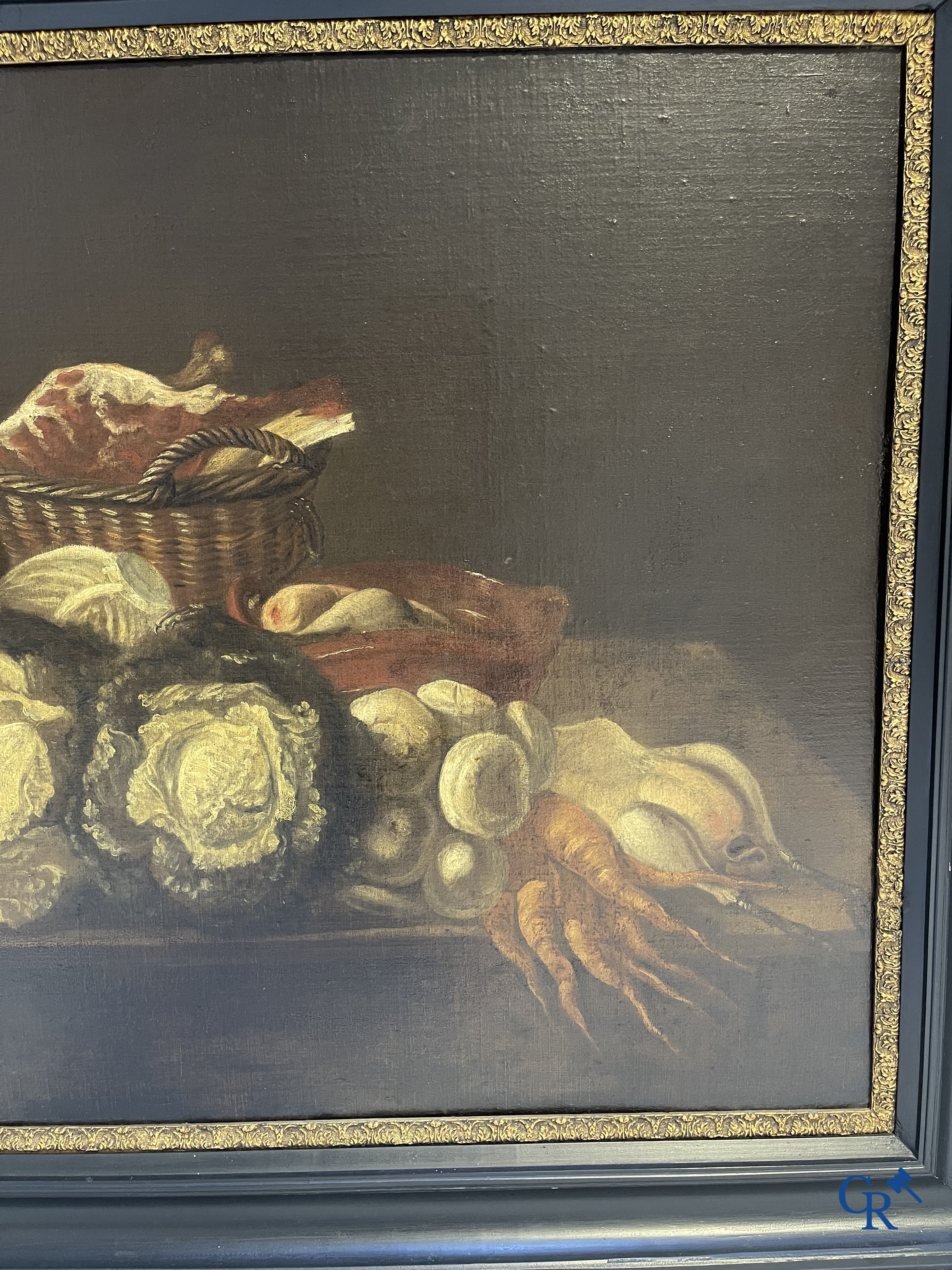 Schilderij, olie op doek. Stilleven met groenten, vlees en gevogelte. 18e eeuw.