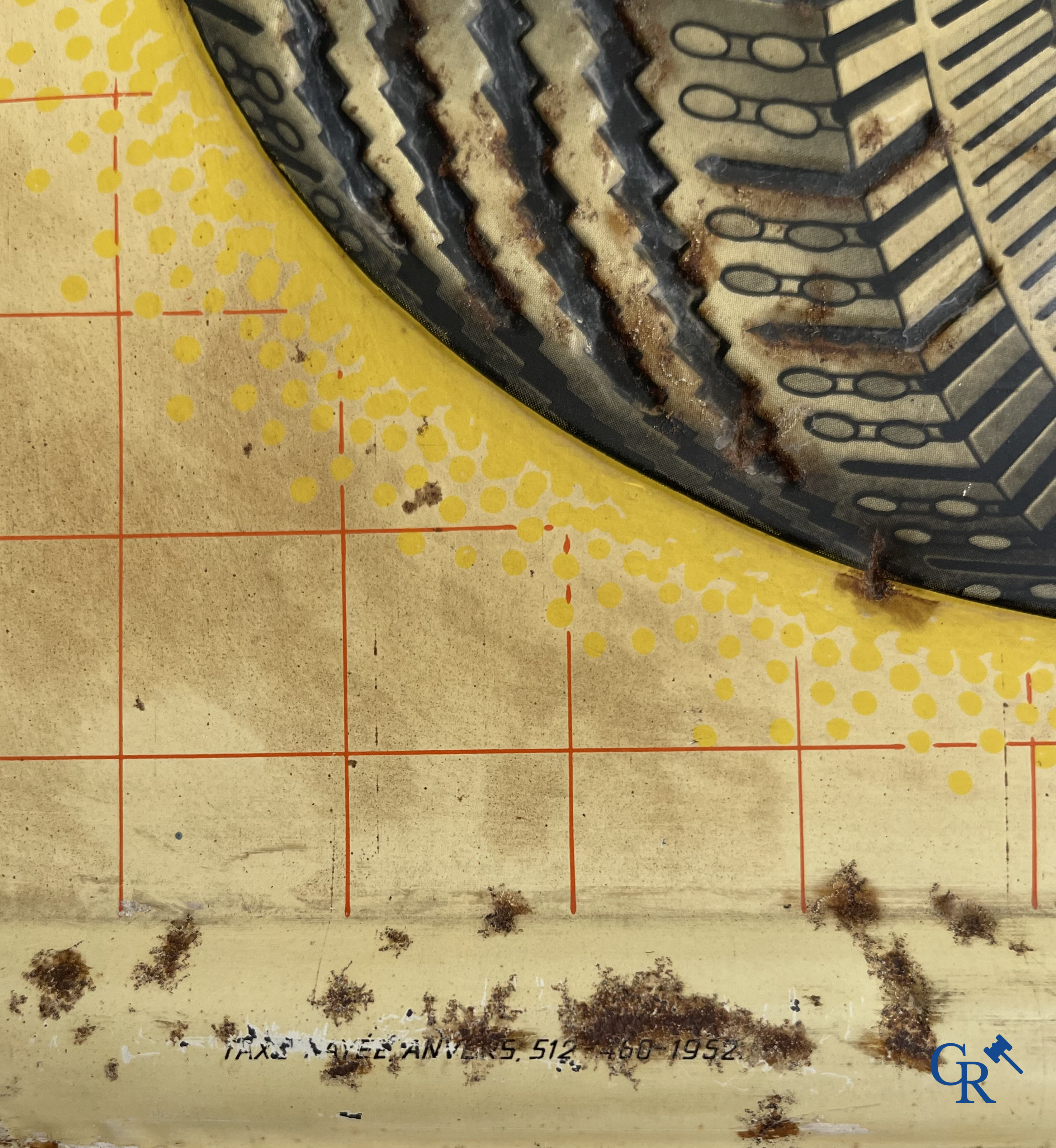 Englebert Volumax, publiciteit gedrukt op metaal voor Englebert banden. Etabl. J. Schuybroek S.A. Hoboken Anvers. 1952.