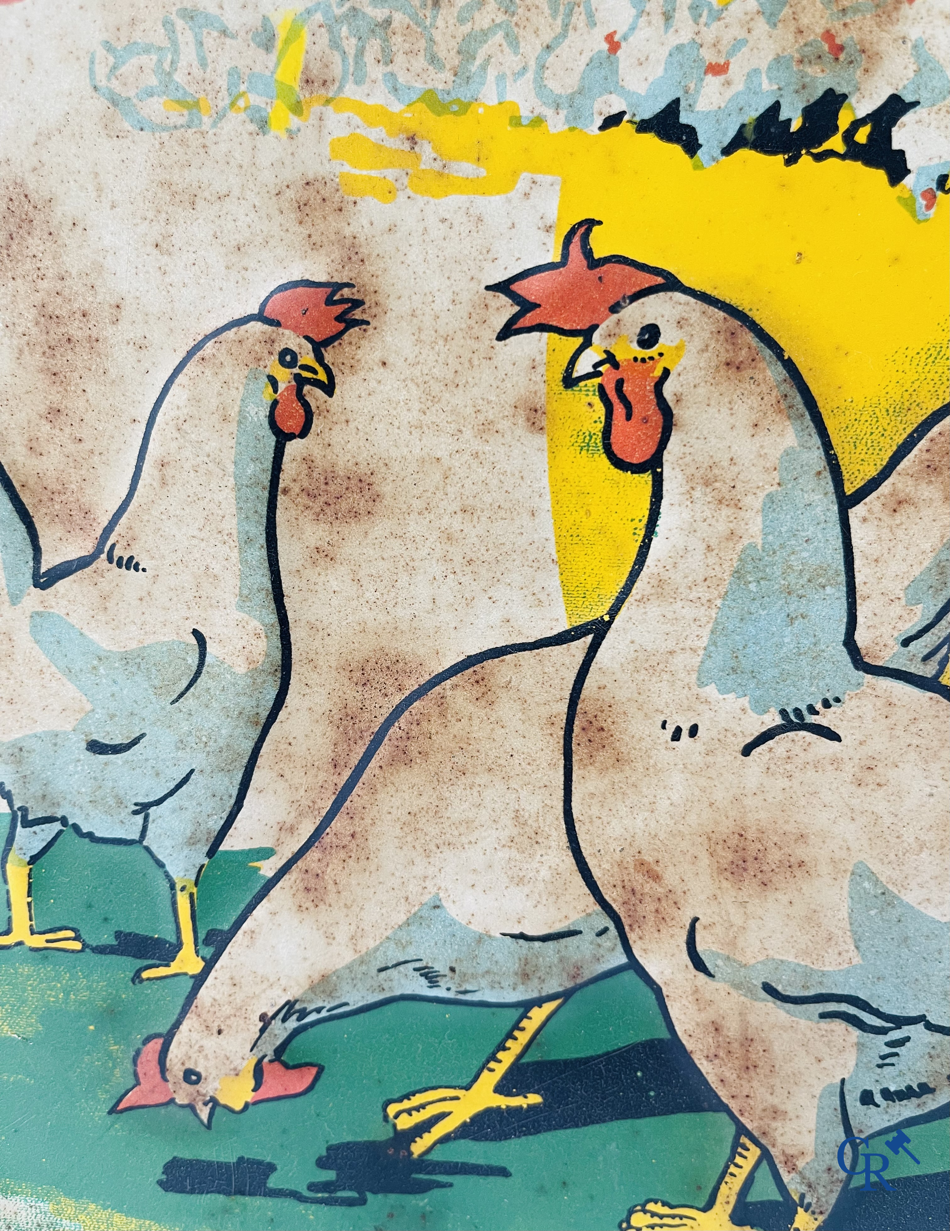 Voeders Hostens. Reclamebord in beschilderd blik voor kippenvoer van voederbedrijf Hostens te Roeselare. 1935.