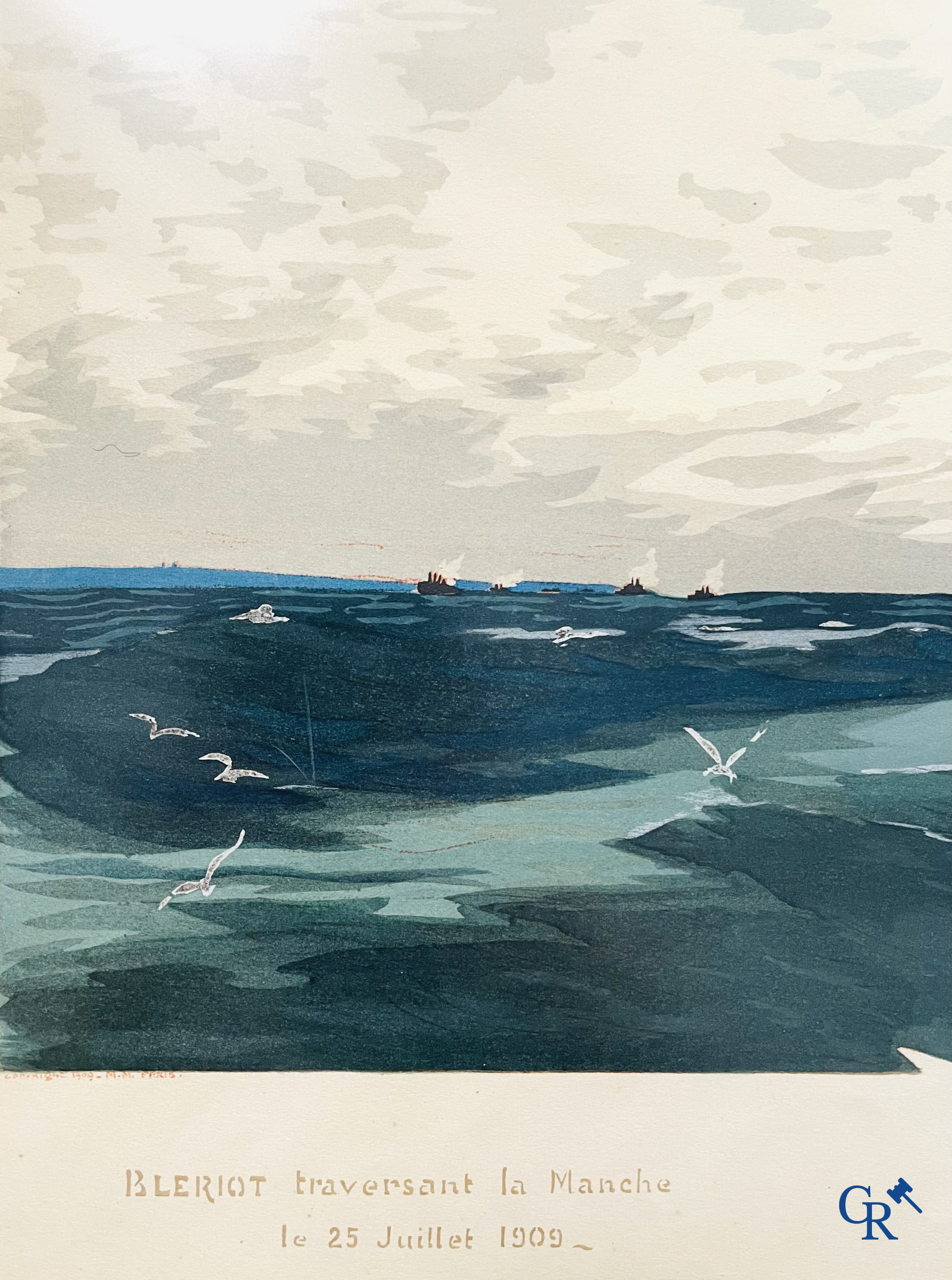 Ernest Montaut. Bleriot traversant la Manche. Colour lithography,  Montaut Mabileau, copyright 1909.