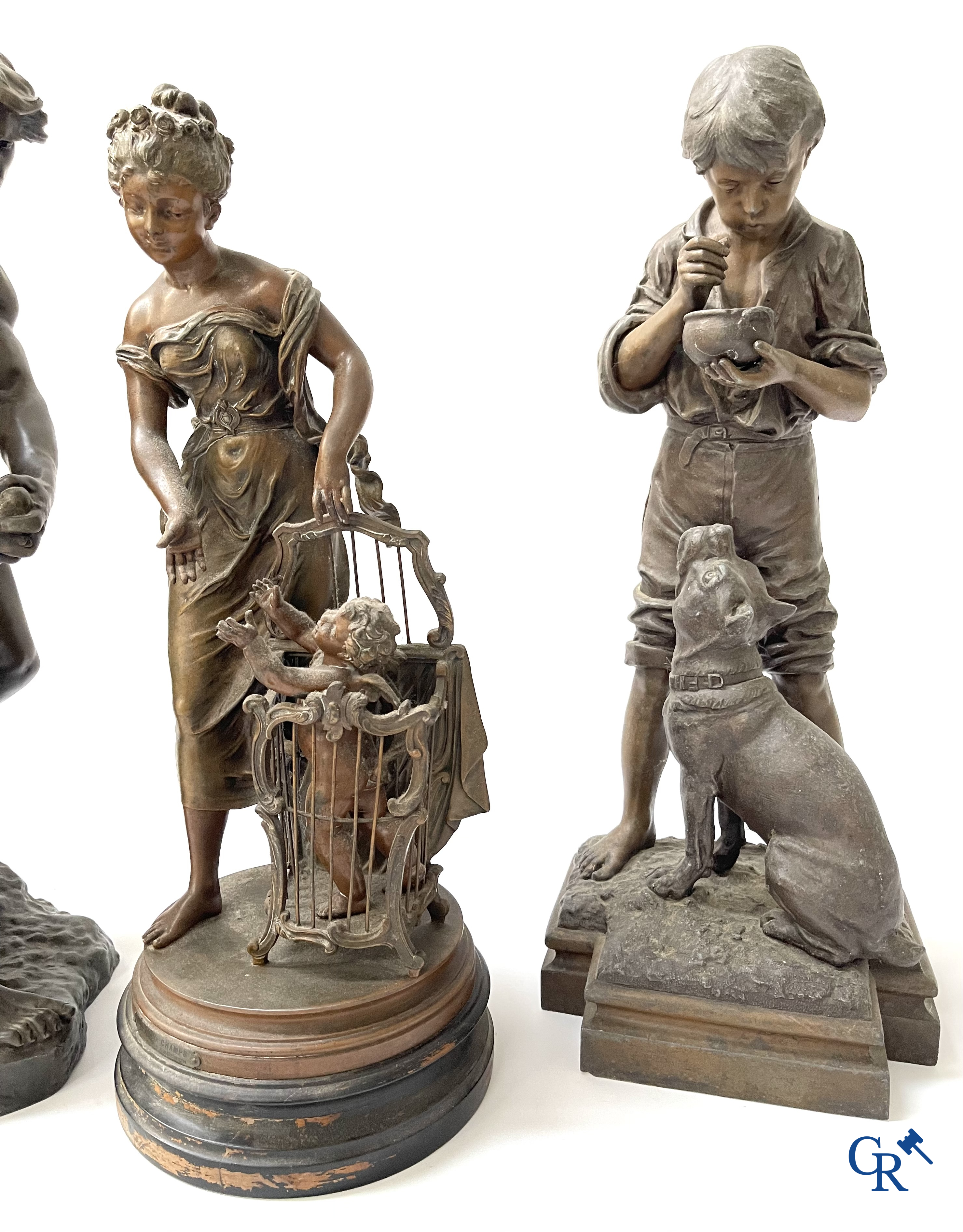 A lot of 3 sculptures in spelter. Anatole Guillot, Emile Bruchon, Rousseau. Circa 1900.