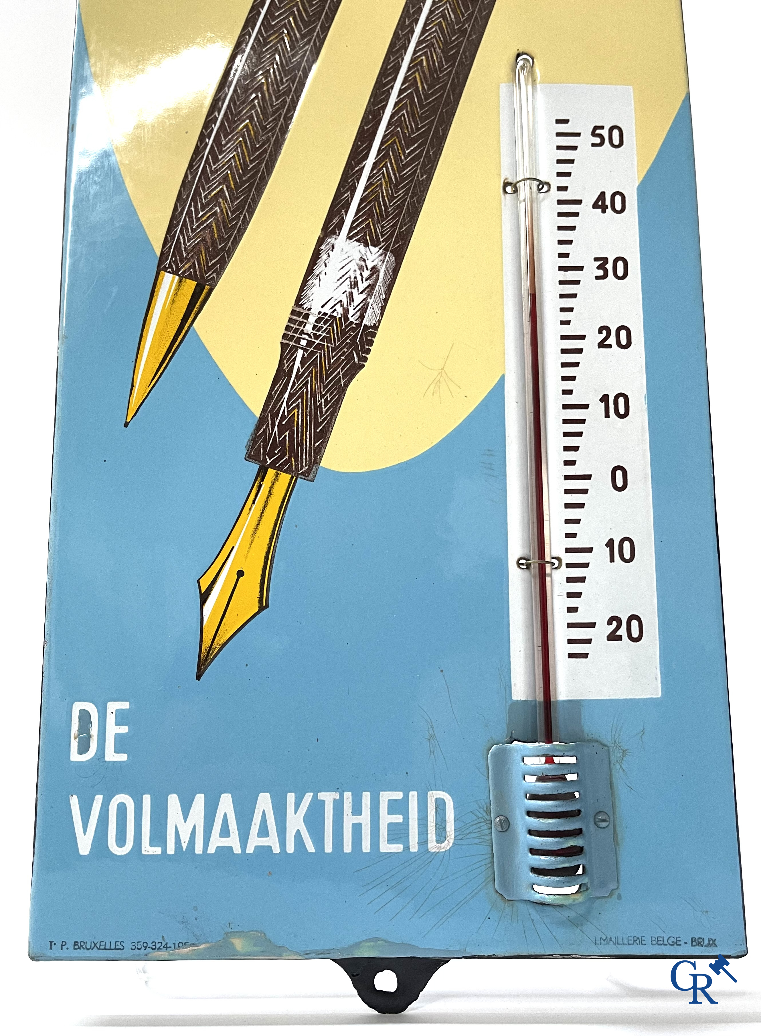 Soennecken "The Perfection" Enamel advertising thermometer for ballpoint pens and fountain pens. Emaillerie Belge. 1950's.