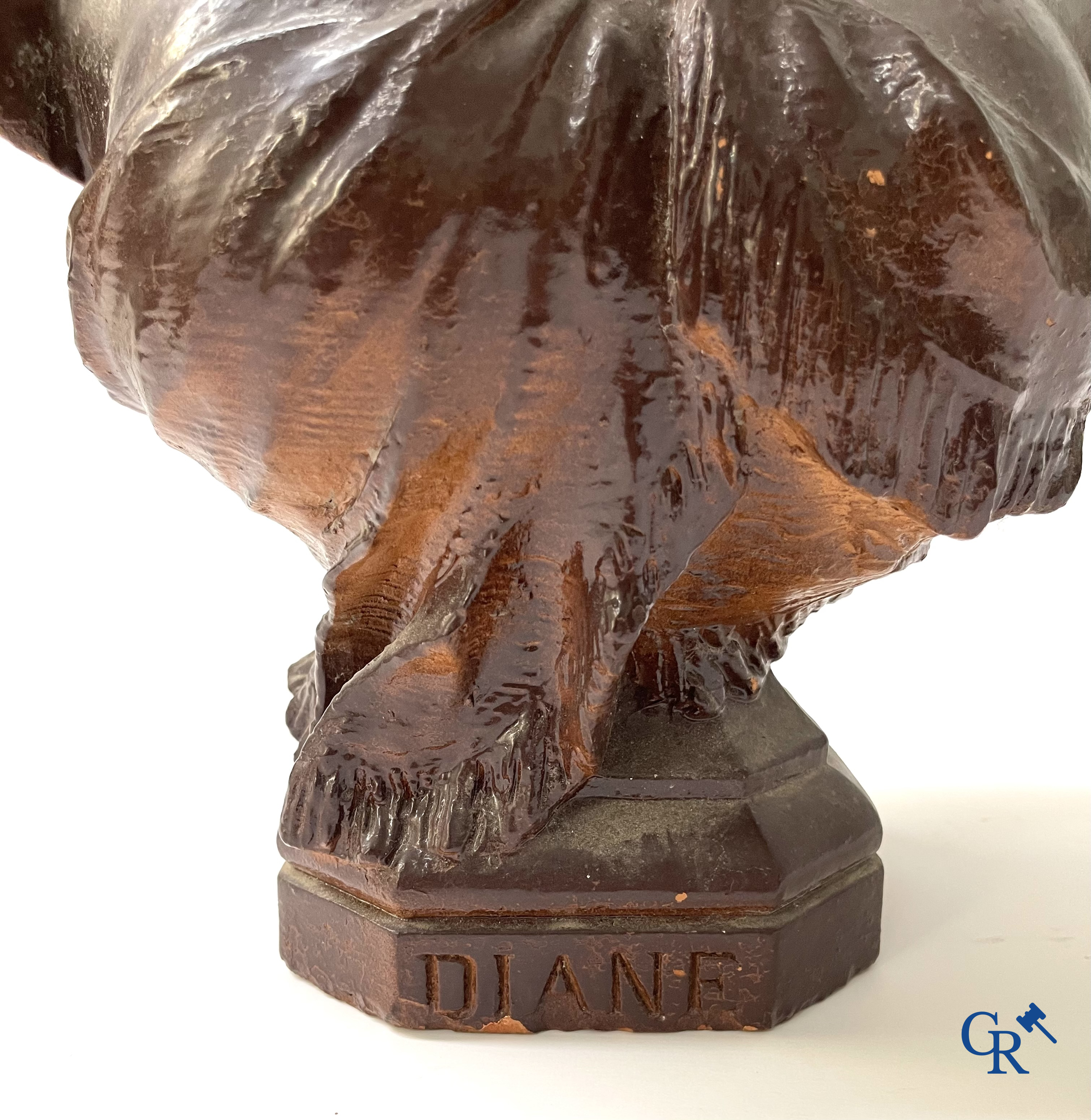 Don Van Den Bossche. Diane, bust in patinated terra cotta. Signed and dated Gand 1892.