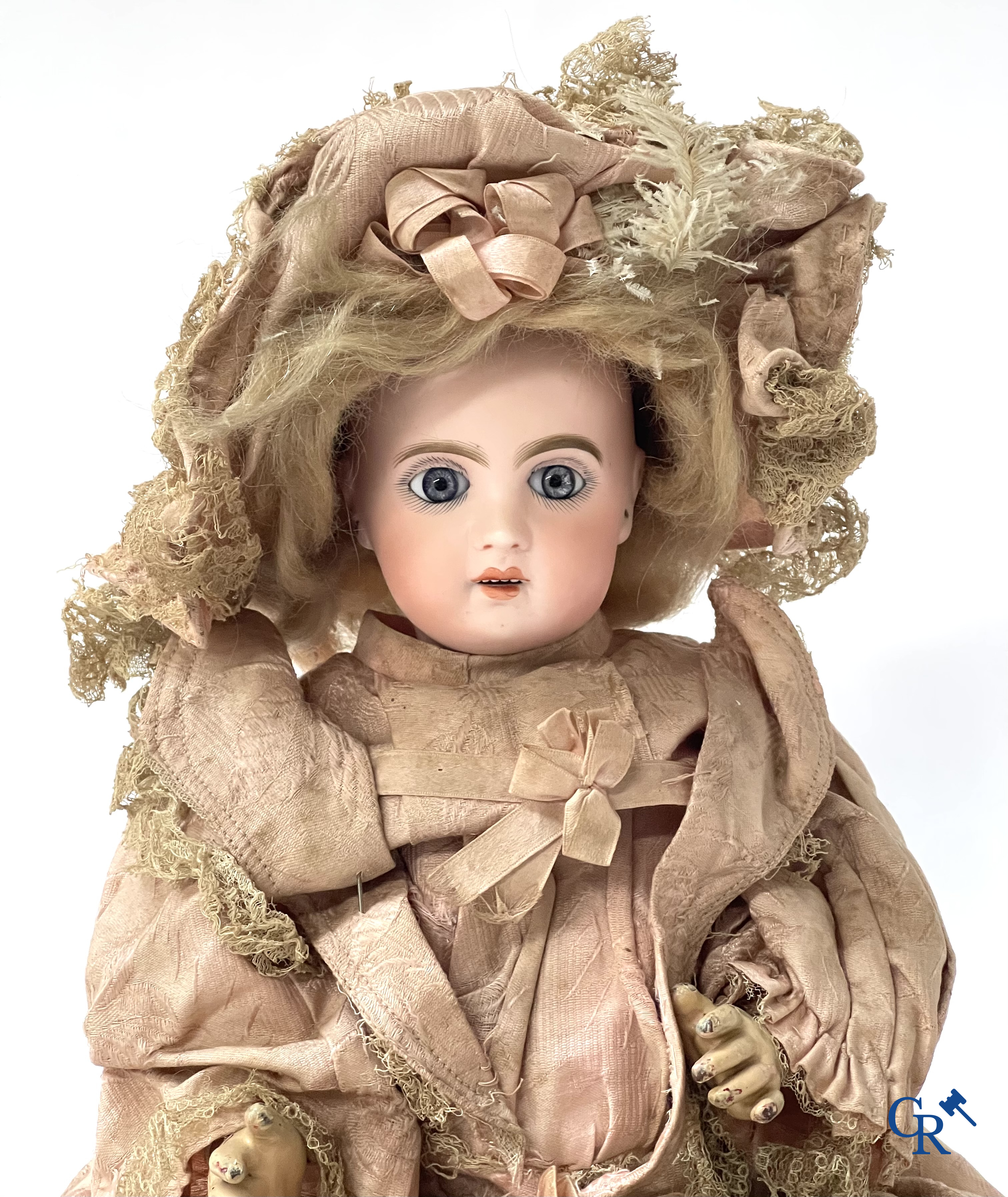 Old toys. Jumeau doll with porcelain head. Numbered 8, original clothing and shoes.