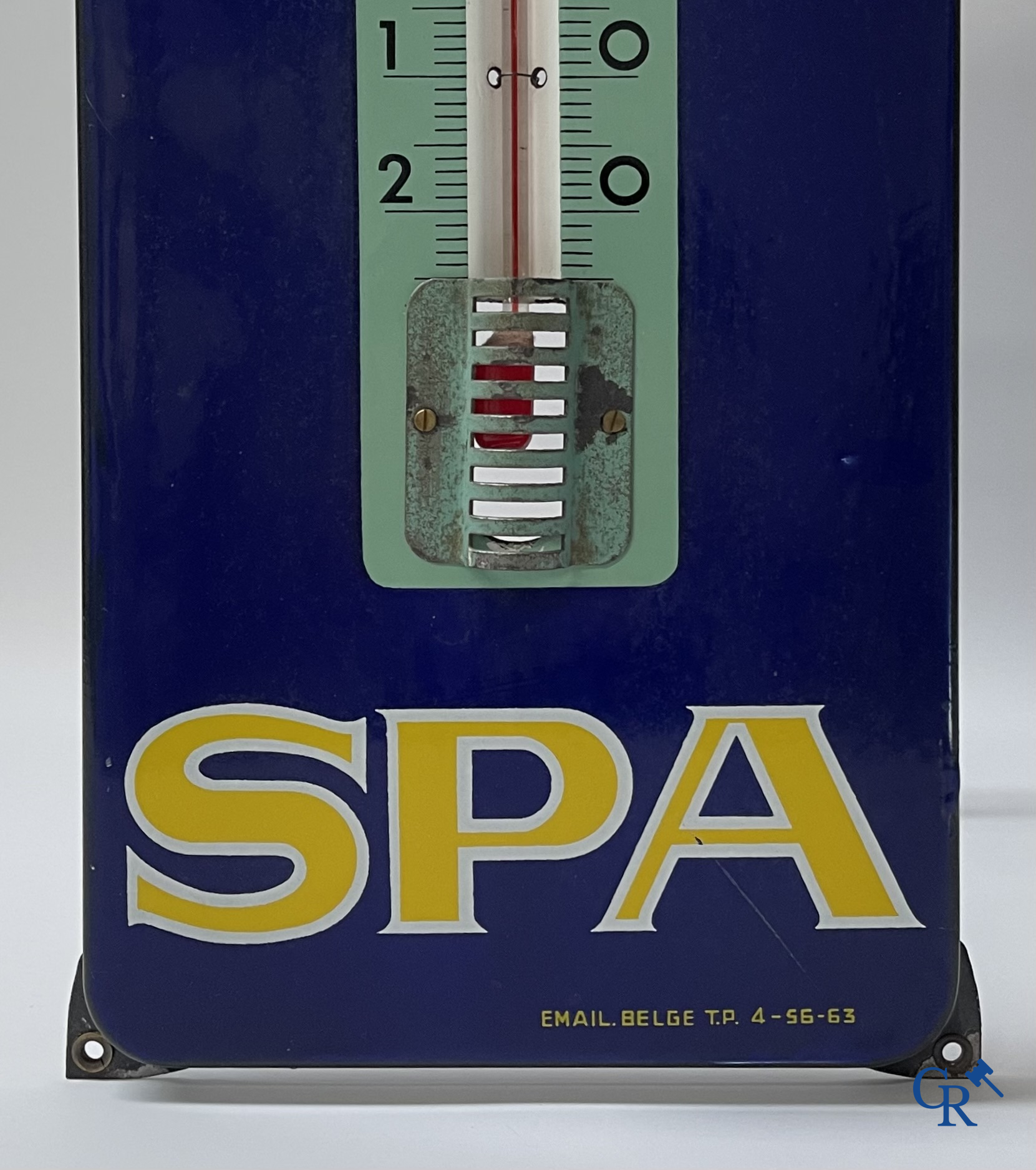 Spa, publicity thermometer in enamel with a representation of "Pierrot". Emaillerie Belge 1963.