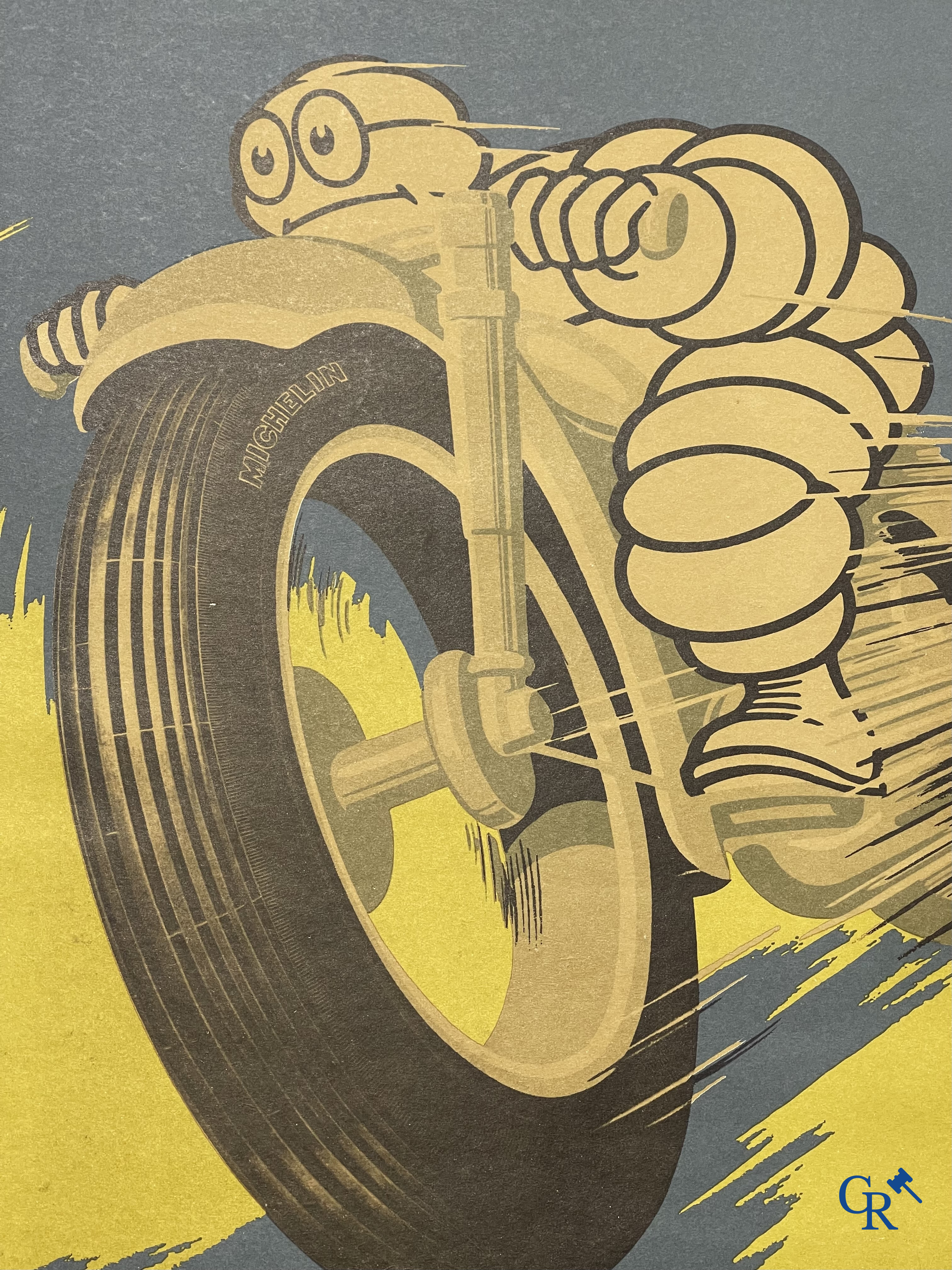 Michelin, original poster for Michelin motorcycle tyres, in aluminium frame. Verga-Milano 1959.