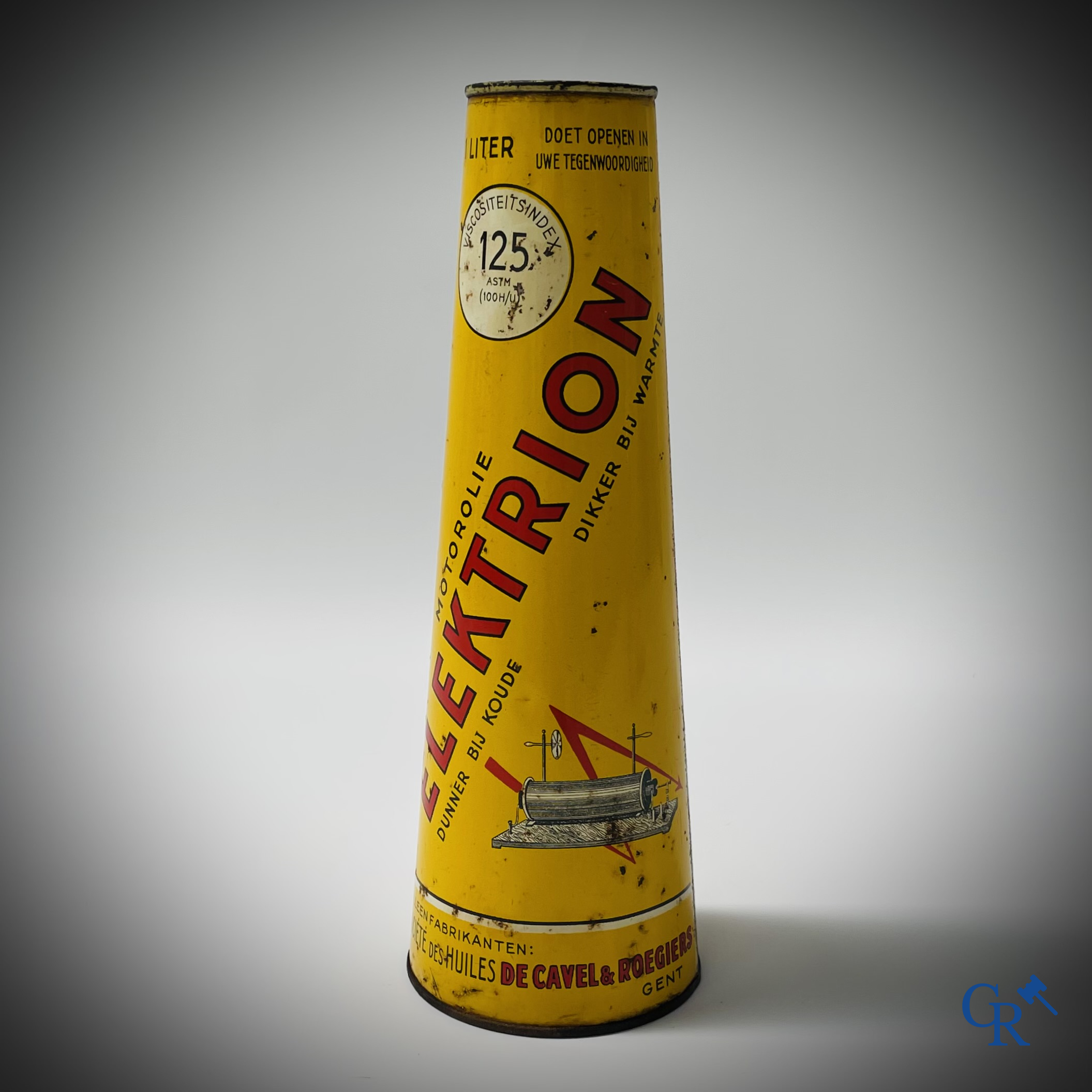 Elektrion, conisch olieblik 1 Liter. Société des Huiles De Cavel & Roegiers S.A. Gand. Ets. J.B. Gabriels Bruxelles.