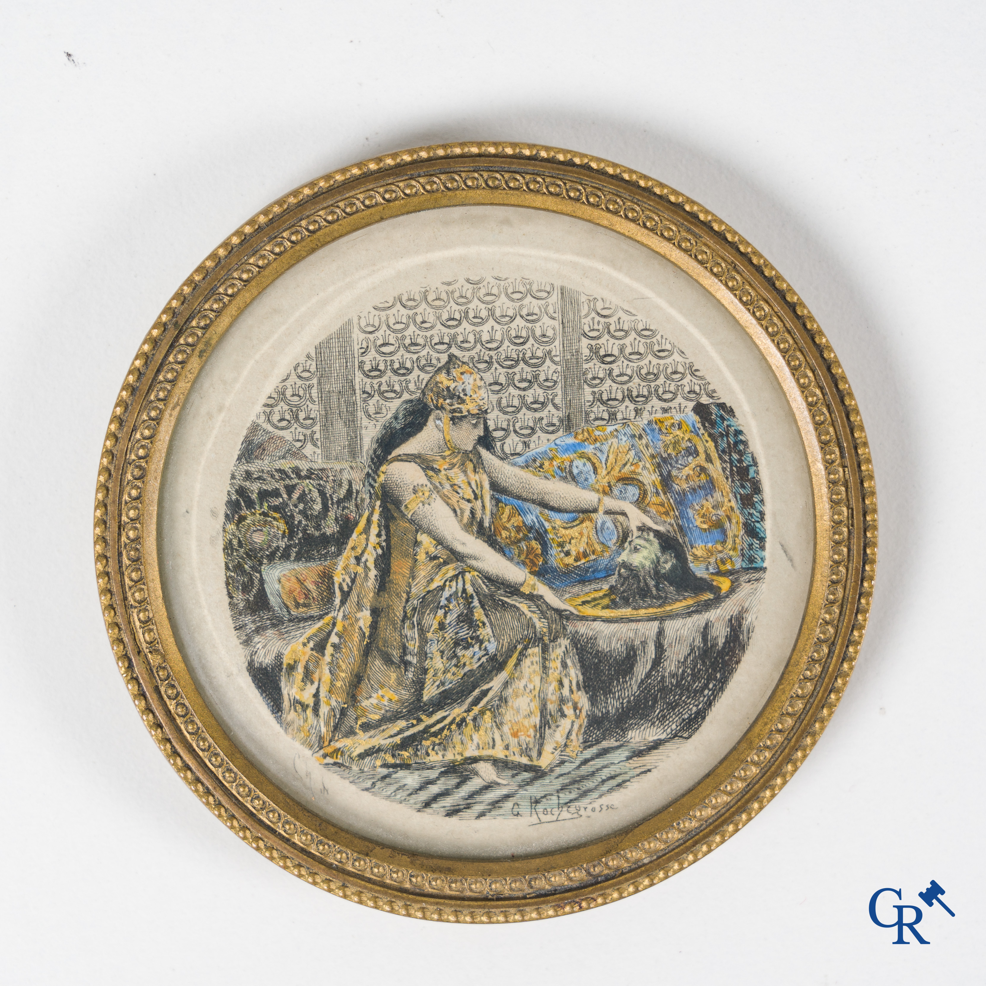 A lot of 2 miniature portraits and a decorative frame with a print by Rochegrosse.