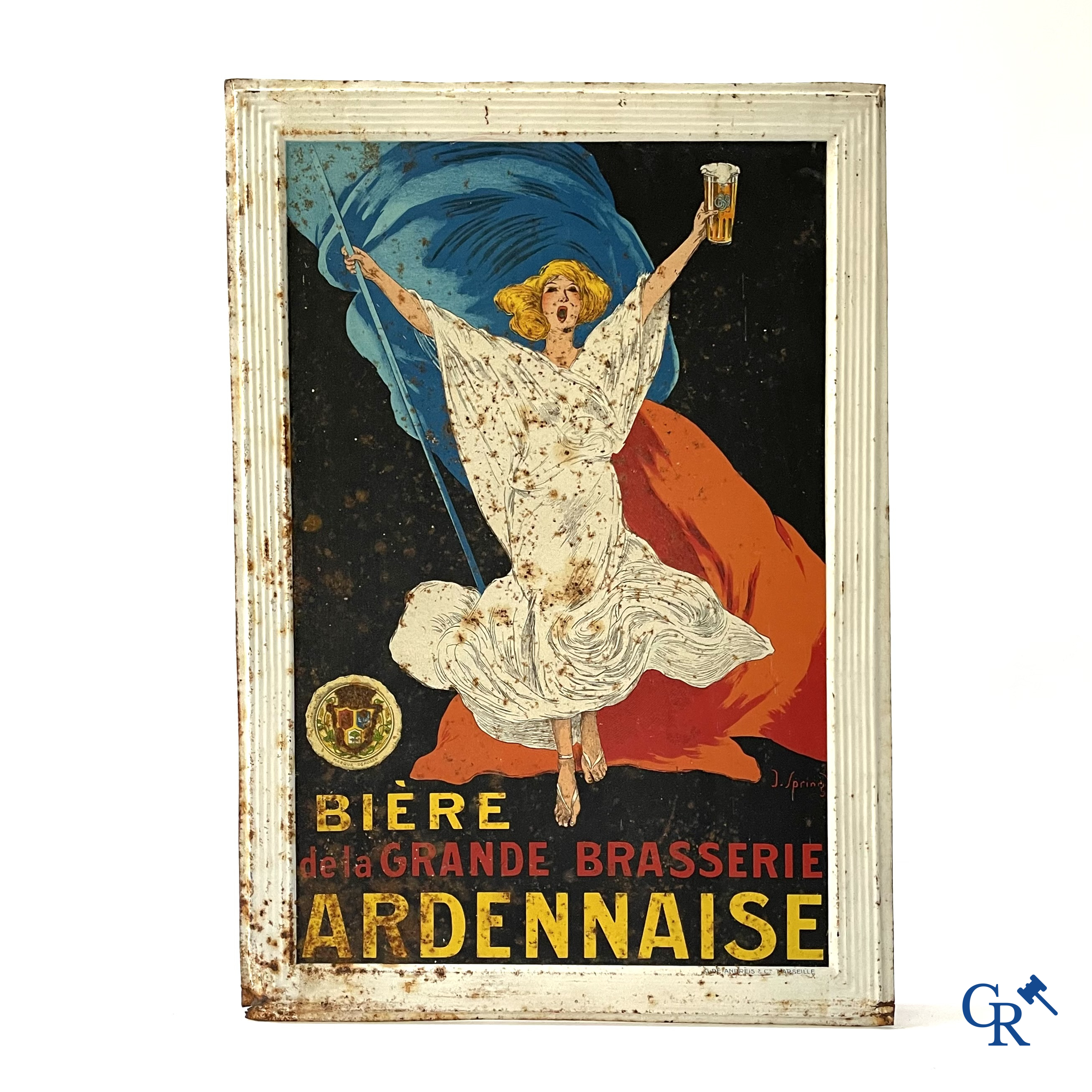 J. Spring (André Lapuszewski, Joseph Stall) Publicity printed on metal for Bière de la Grande Brasserie Ardennaise.