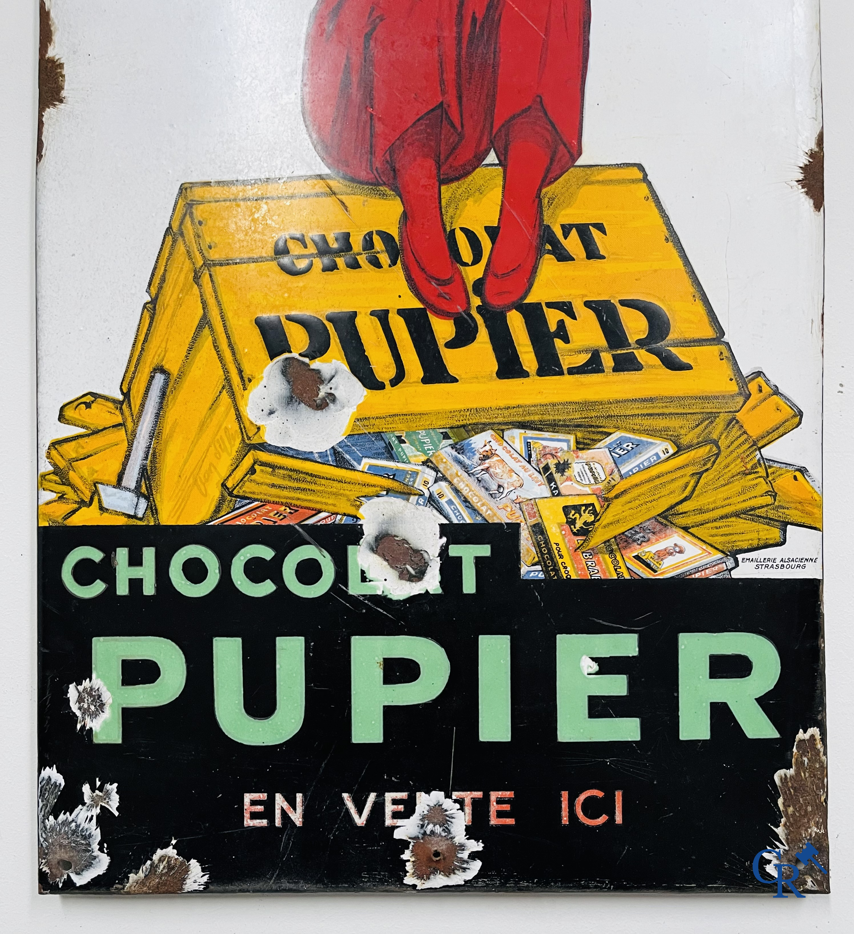 Chocolat Pupier, Enamel Advertising sign illustrated with the character designed by Jean D'Ylen. 1930's.