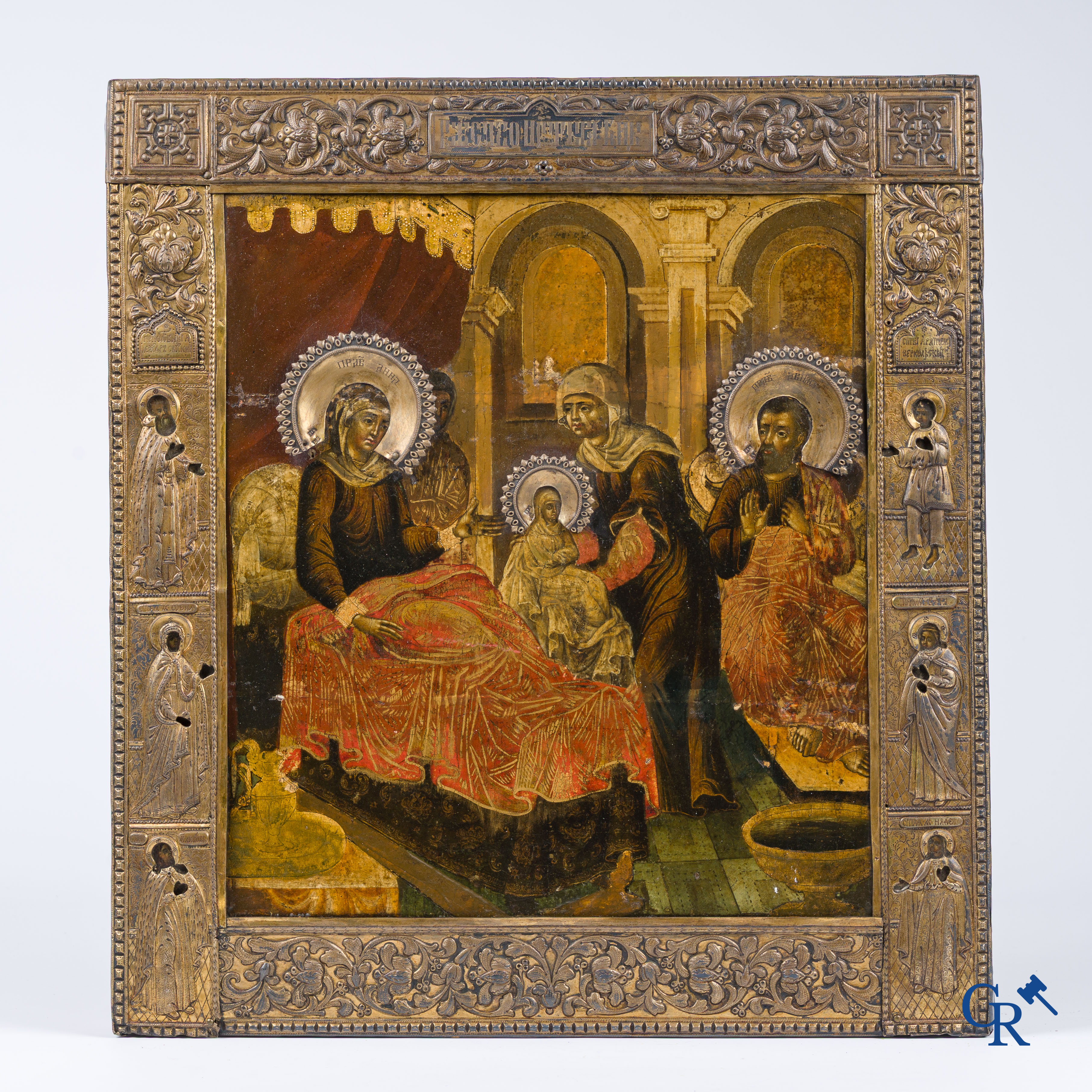 Russisch werk. De geboorte van Jezus. Grote Russische icoon met zilver oklad. Zilvergehalte 84 en gedateerd 1883.