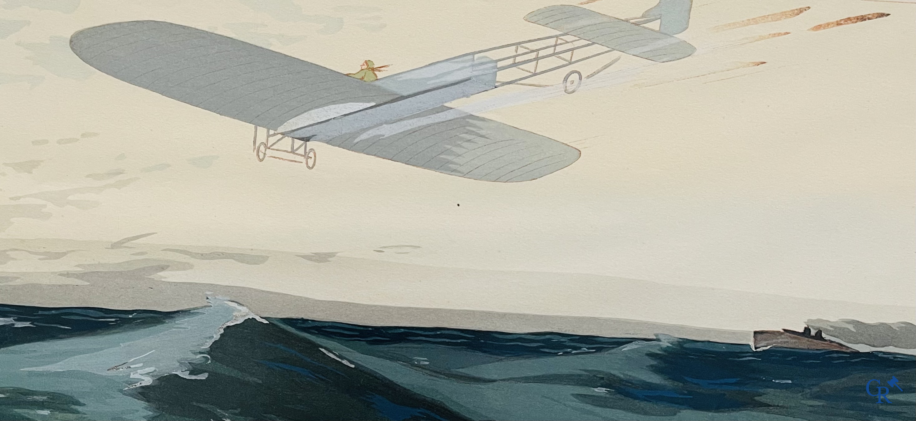 Ernest Montaut. Bleriot traversant la Manche. Colour lithography,  Montaut Mabileau, copyright 1909.