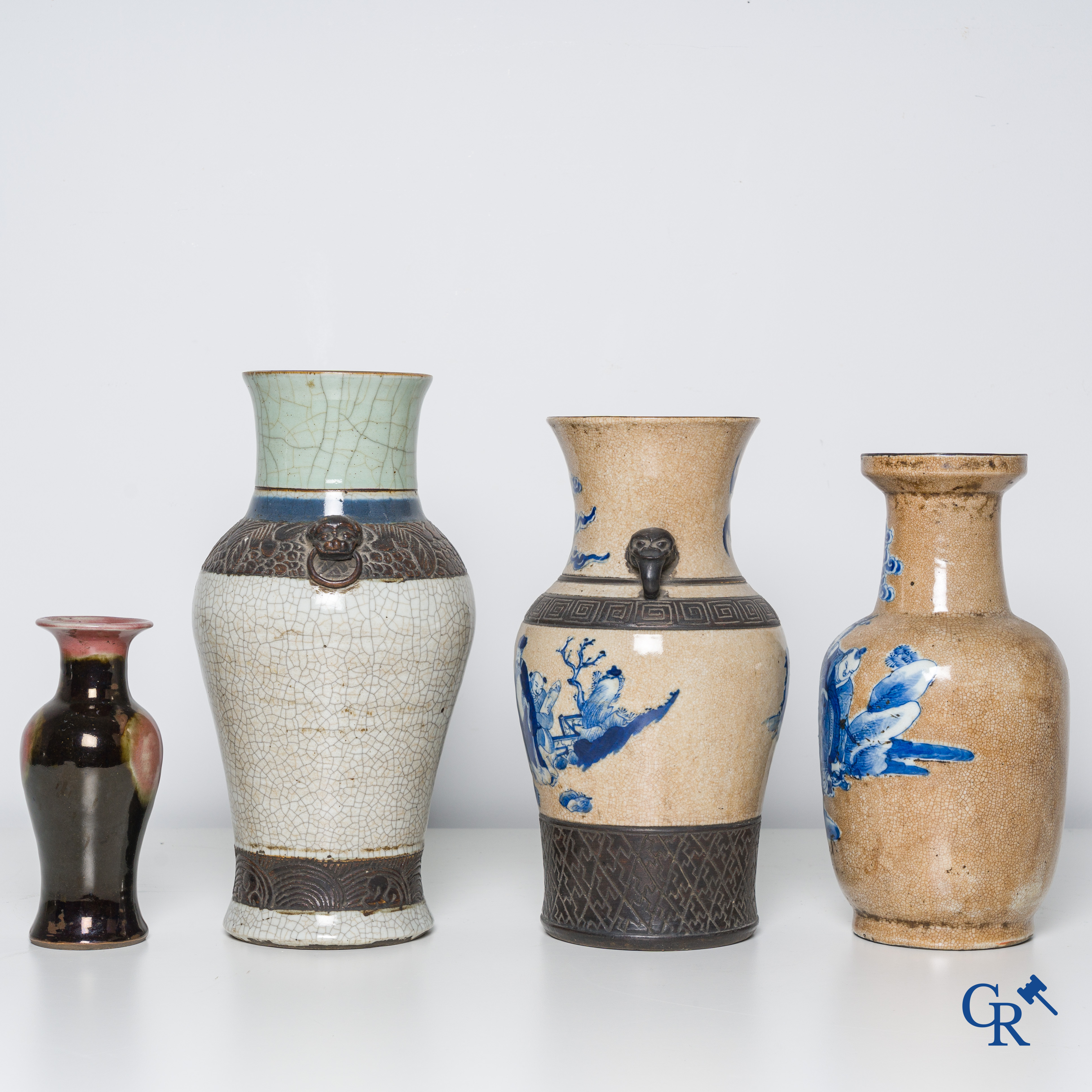 Asian Art, Chinese porcelain, 3 Chinese nanking vases, a red copper decorated vase attached.