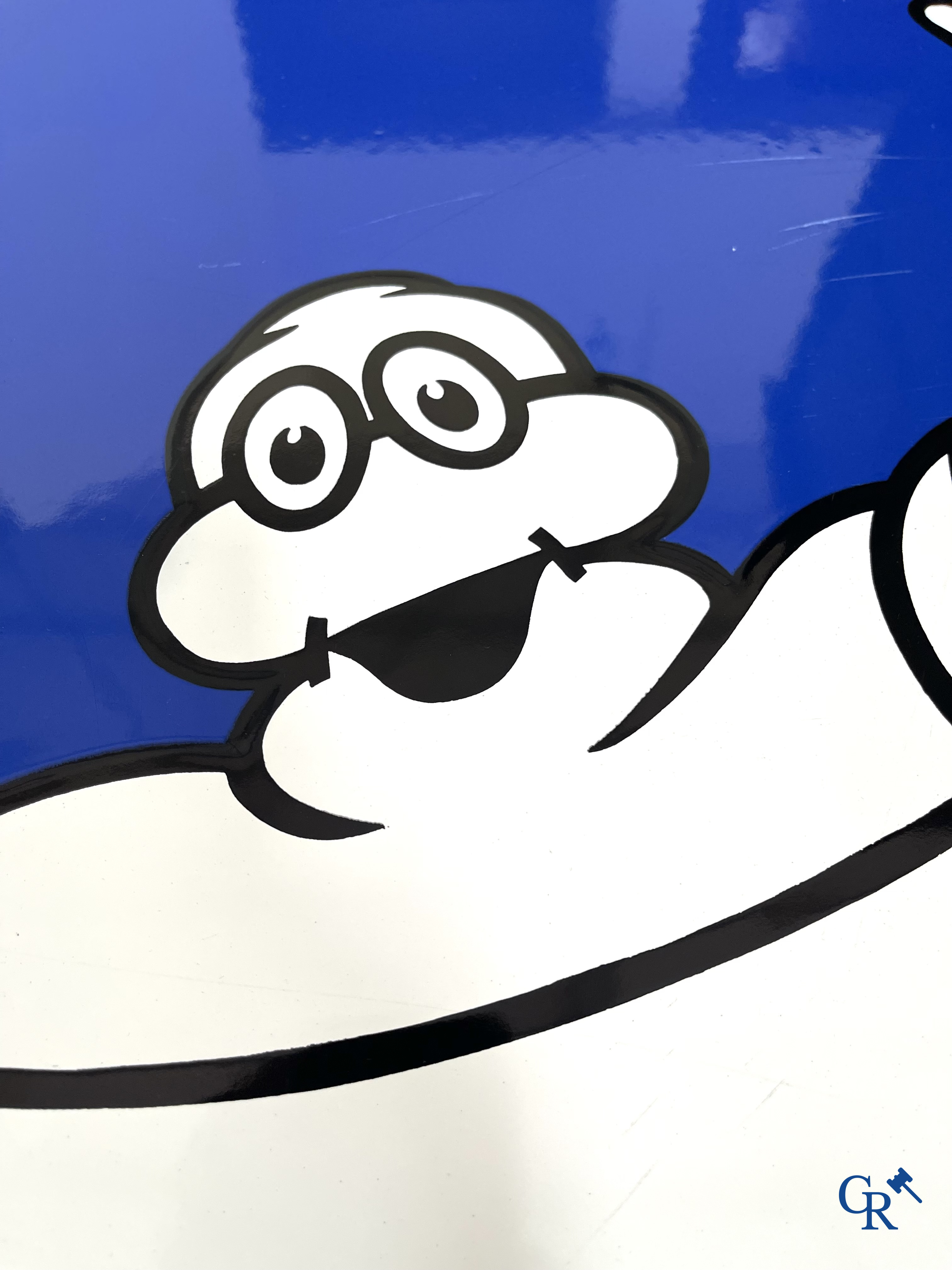 Michelin, Large enamel advertising sign of the running Bibendum with tire. Emaillerie Alsacienne Strasbourg.