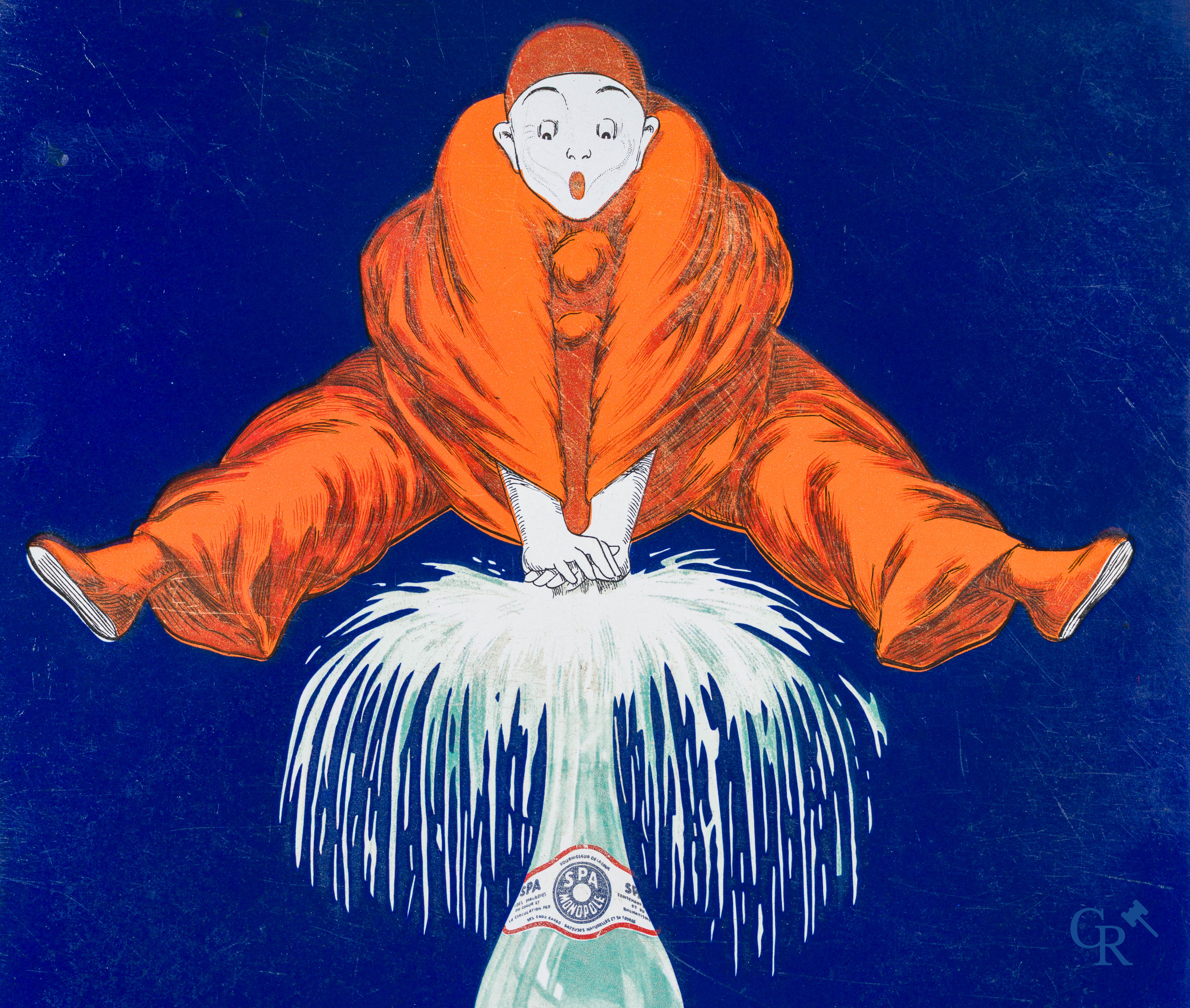 Spa Monopole, plaque émaillée publicitaire représentant "Pierrot" après un dessin de Jean D'Ylen. 1950.