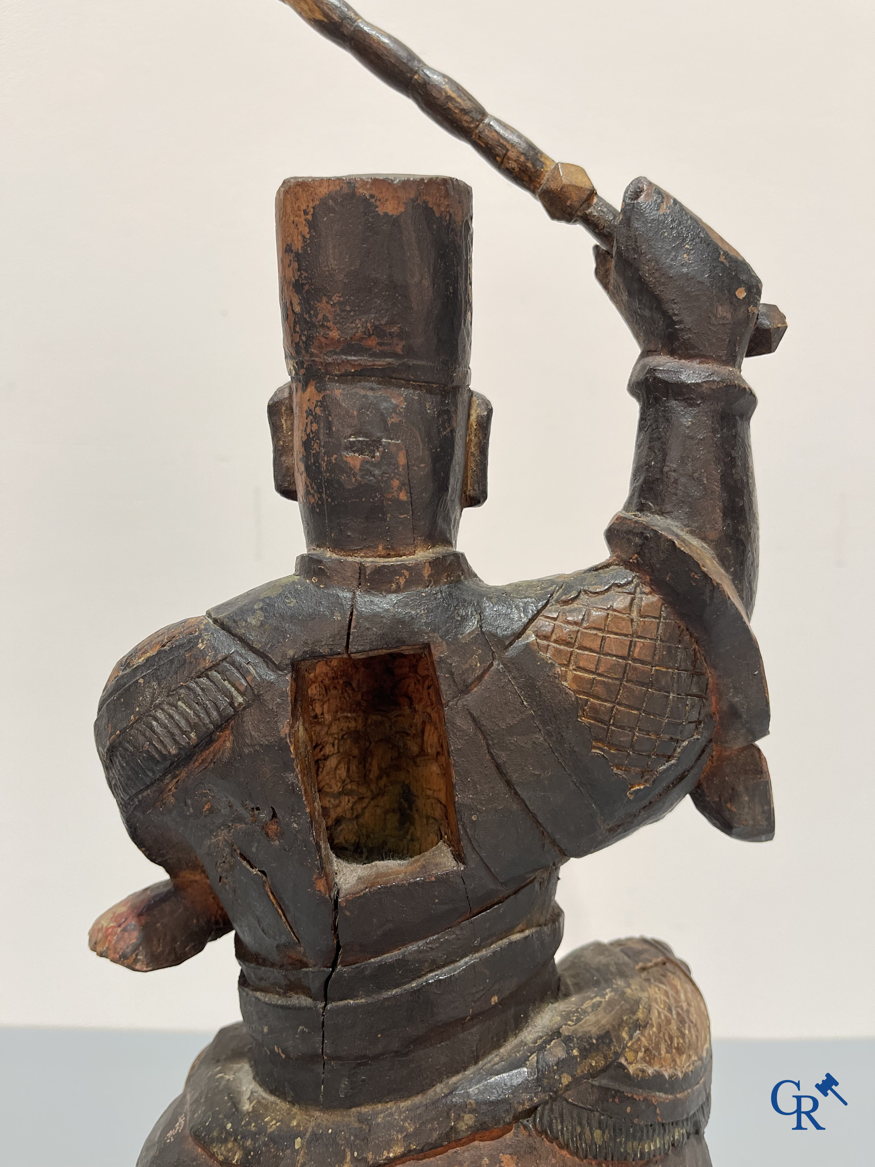 Asian Art, A Chinese antique wood sculpted and polychrome representation of a warrior.