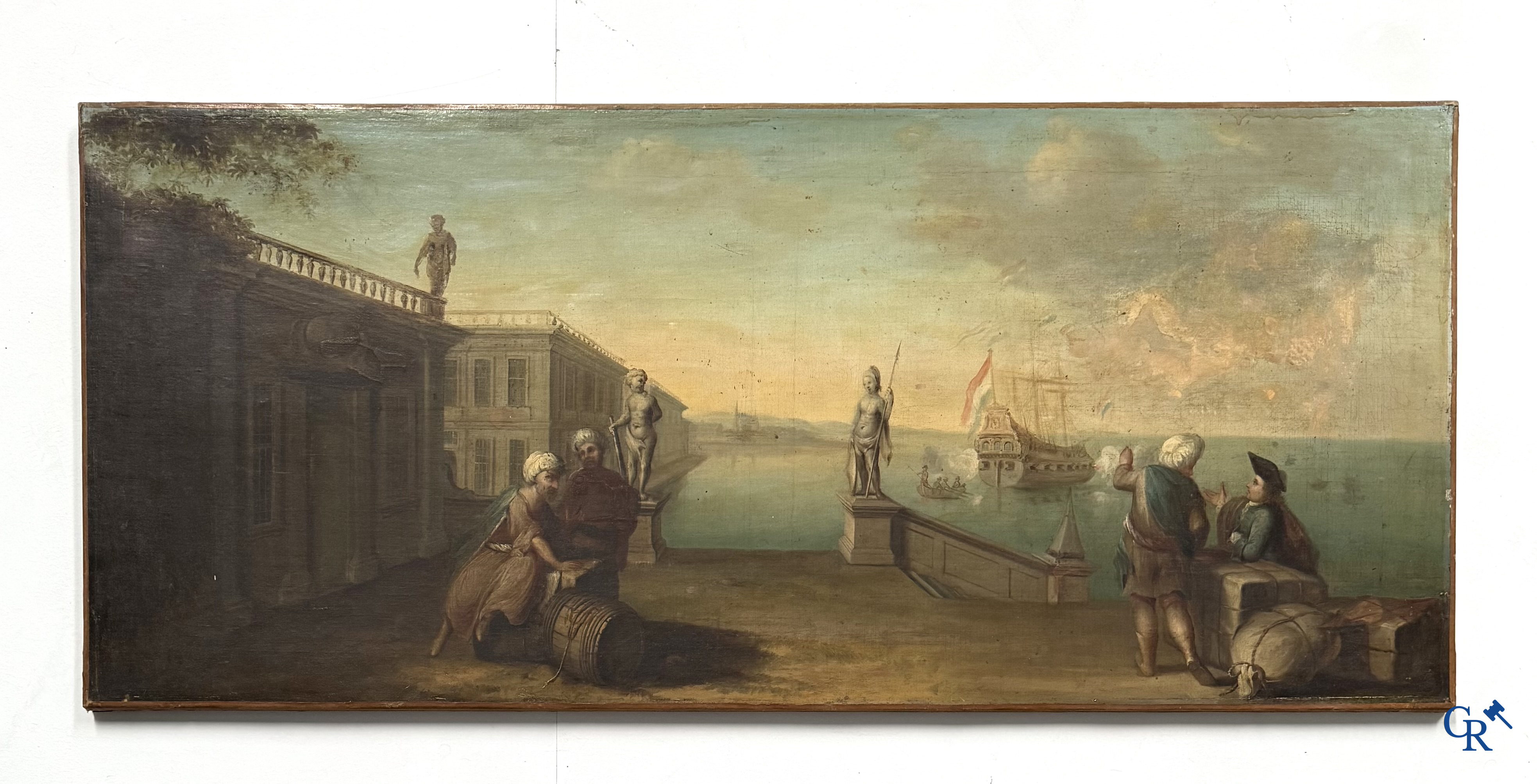 Painting. Harbour view with a Dutch flagship. Oil on canvas, 18th century.