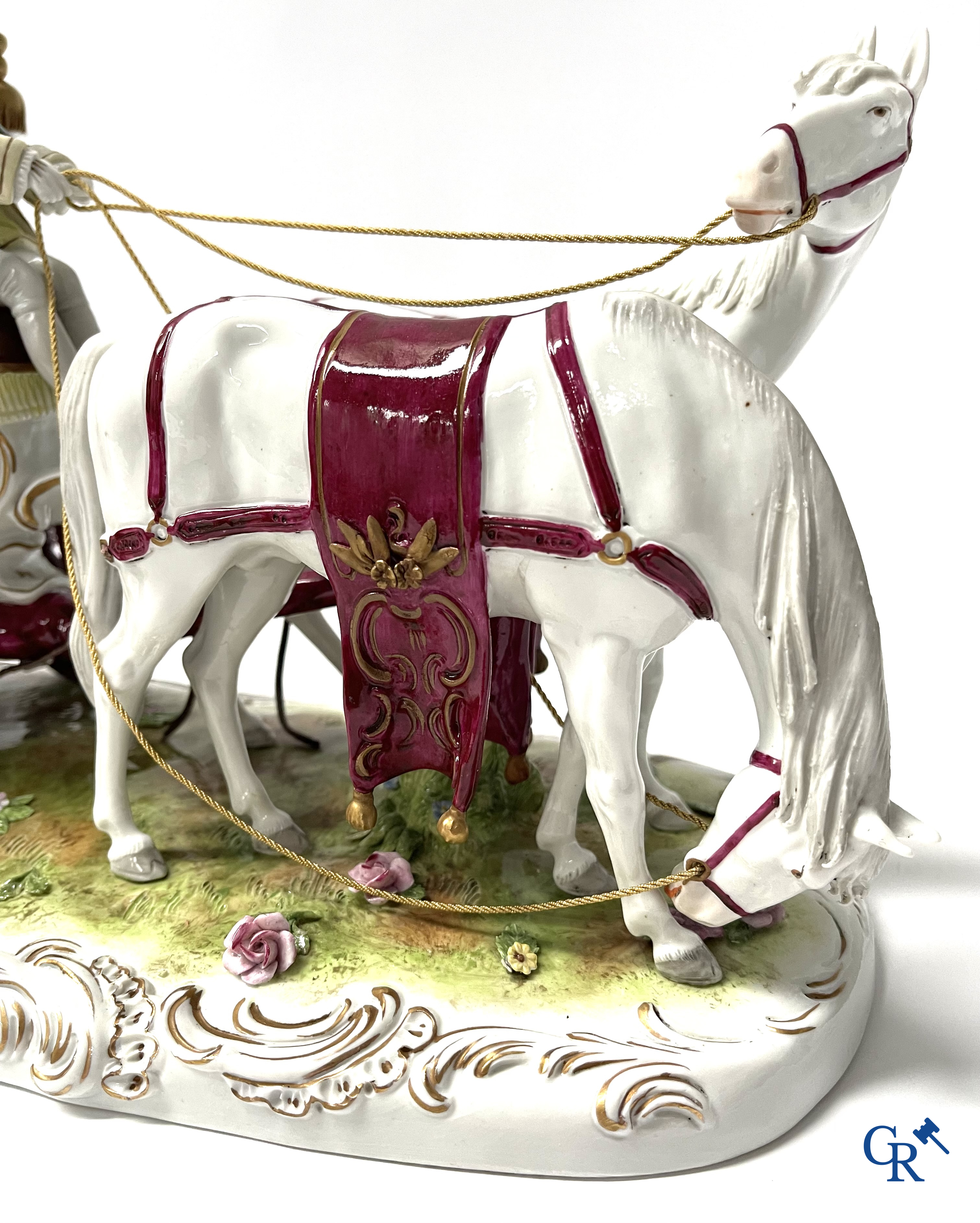 European porcelain. A large horse carriage in Saxon porcelain. Marked.