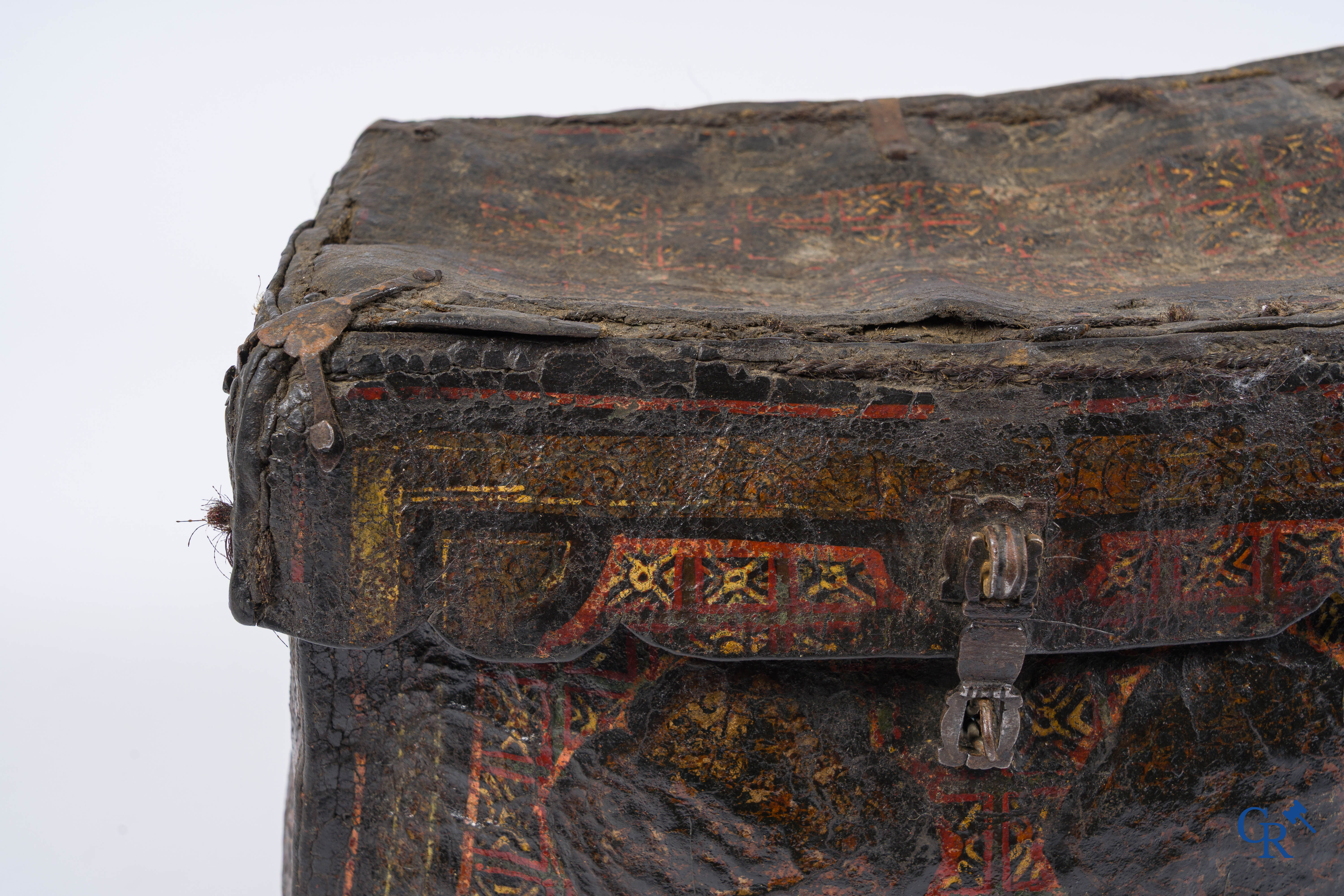 Antique leather money or documents case with original wrought iron lock work.
