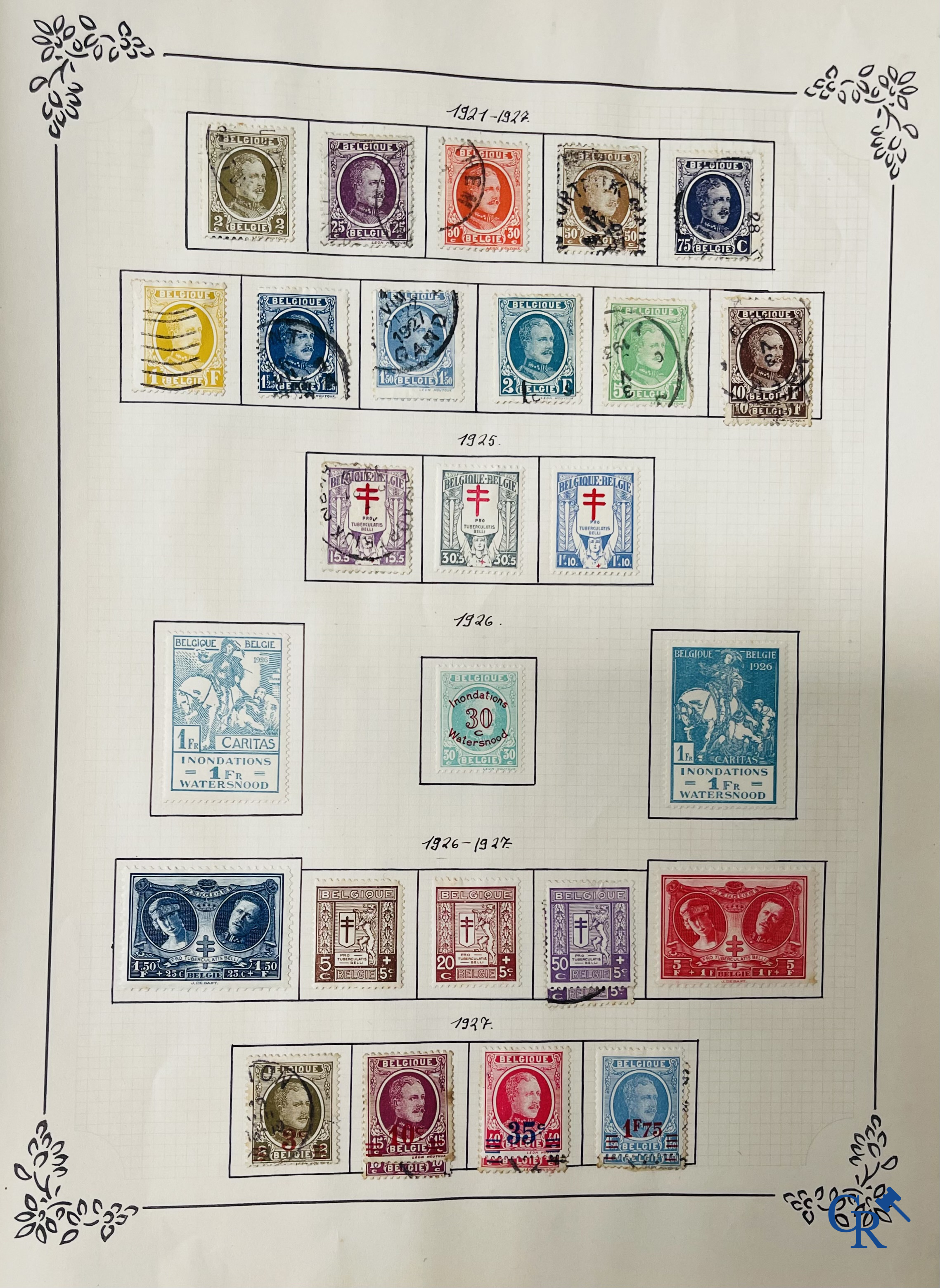 Filatelie. Album met verschillende zeldzame antieke postzegels, waaronder vroege Belgische postzegels.