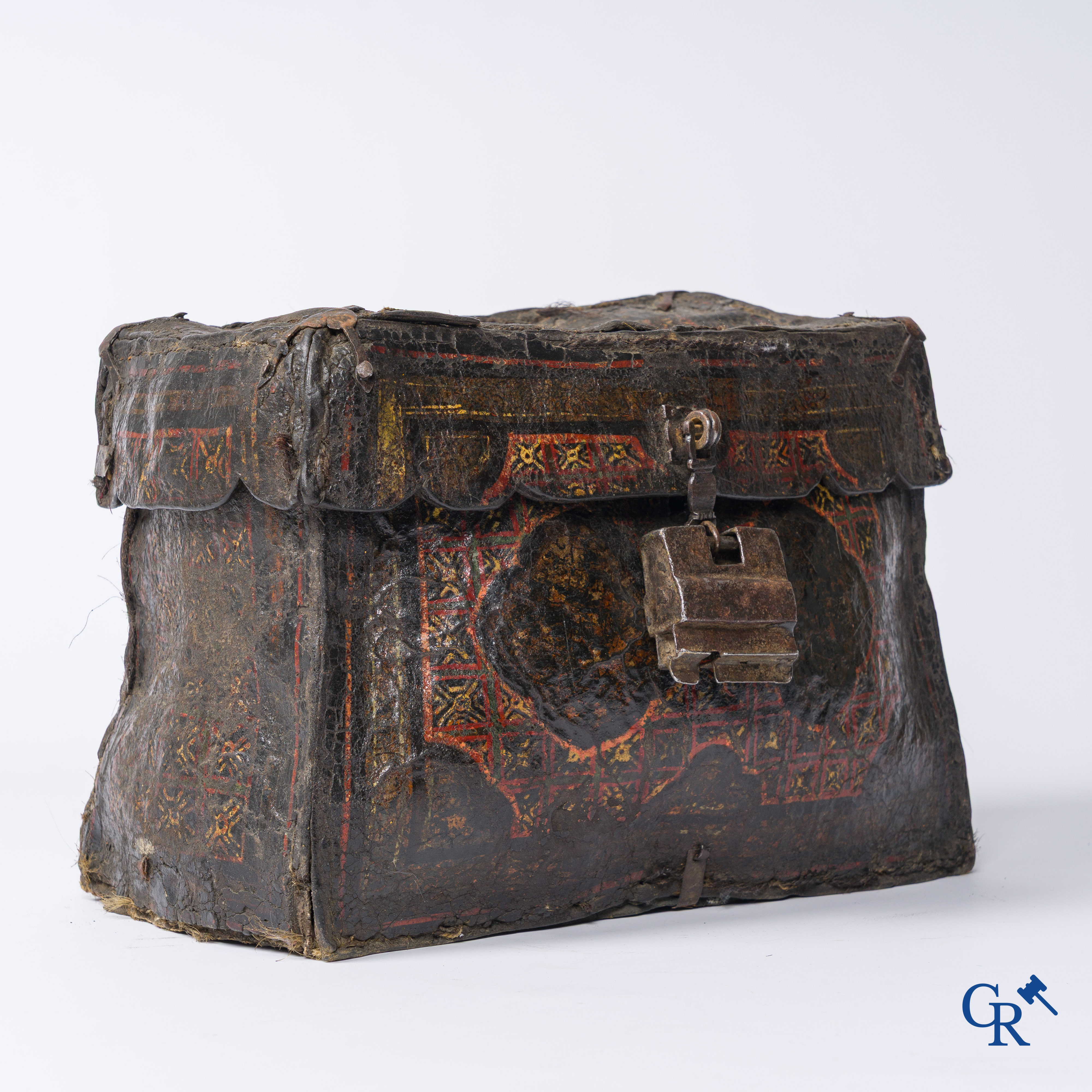 Antique leather money or documents case with original wrought iron lock work.