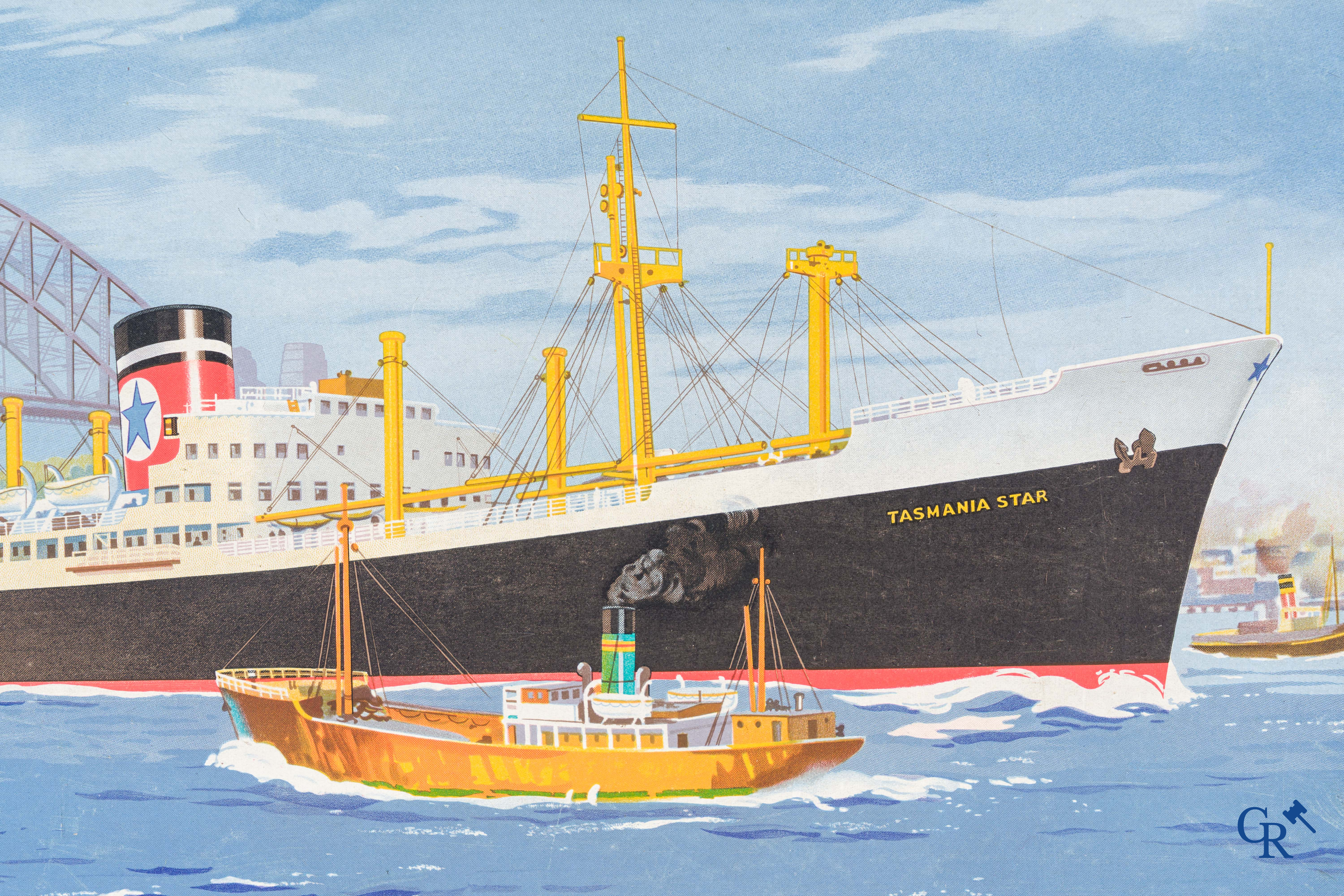Blue Star Line, Tasmania Star. Reclame gedrukt op hard karton. Monogram SAV. 30'er jaren.