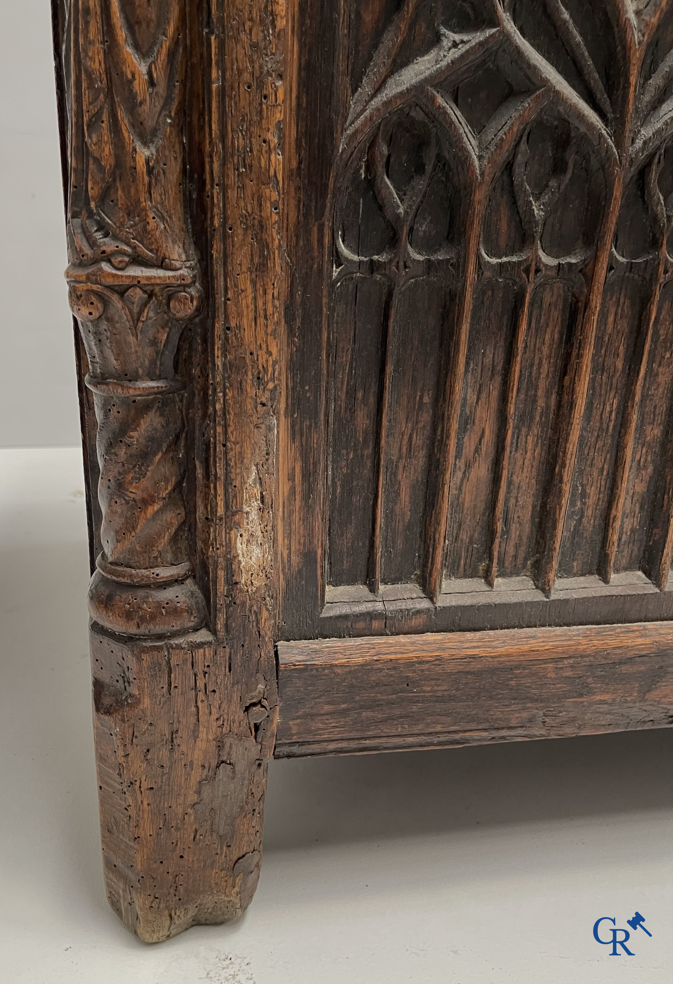 Furniture. Oak trunk with carved panels in Gothic style. Early 19th century.