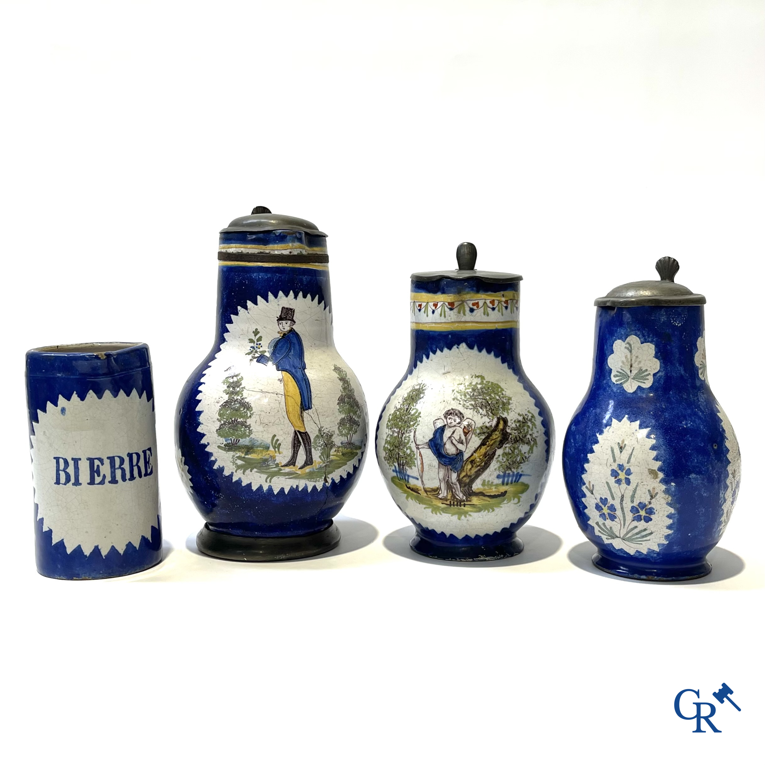Brussels pottery. 3 jugs with tin lid and a beer jug in decorated Brussels pottery. 18th-19th century.