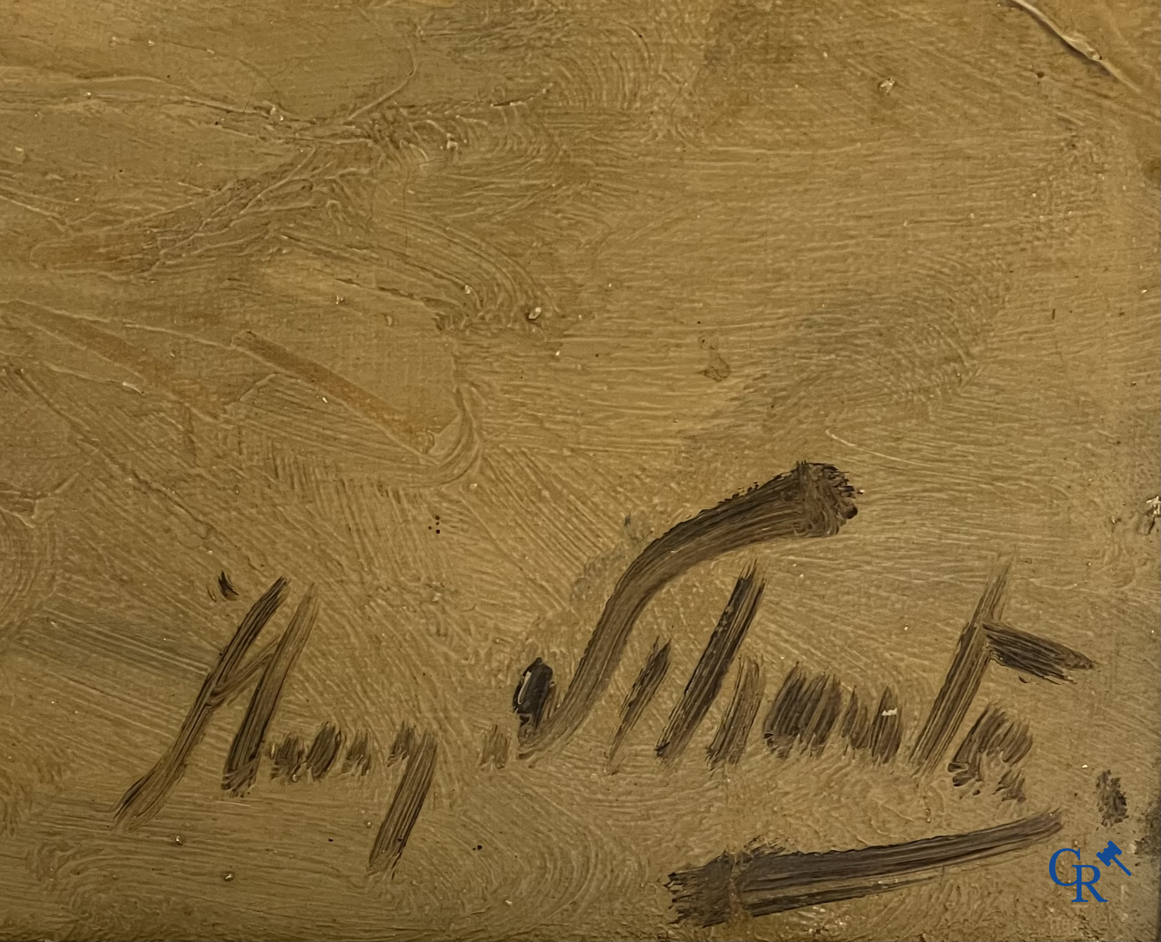 Henry Schouten. Koeien in de duinen. Groot schilderij met vergulde kader. Rechtsonder gesigneerd.