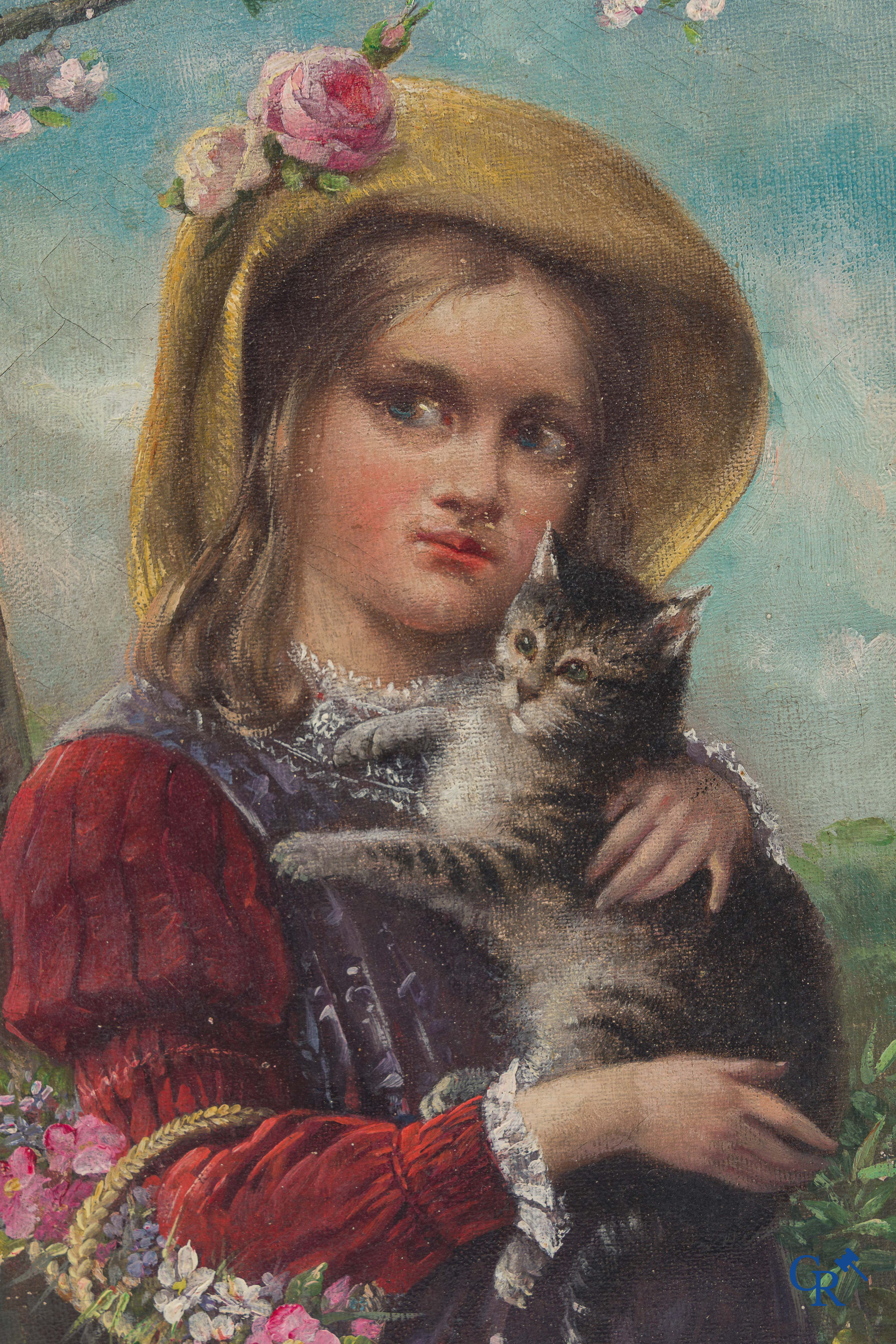 2 romantische schilderijtjes, meisje met kat en 2 spelende hondjes, gesigneerd De La Royèra, 1890.