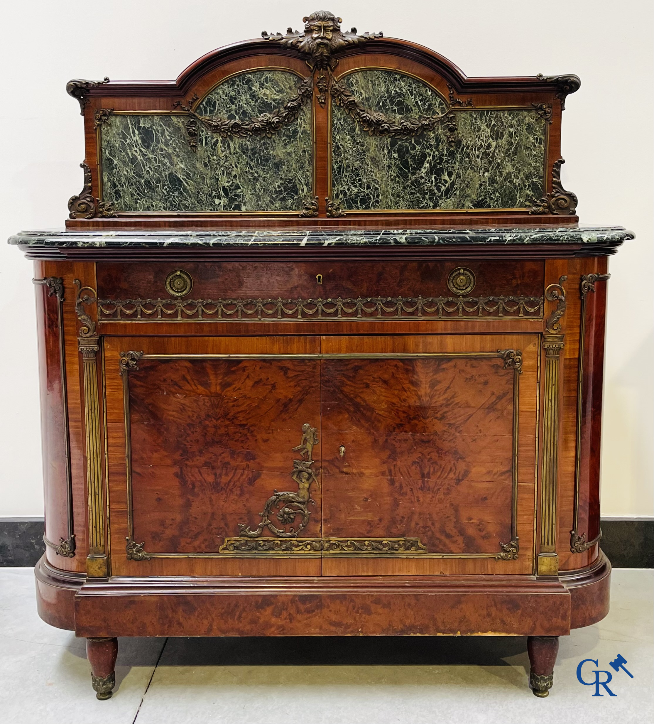 Exceptional dining room furniture in mahogany veneer, marble and bronze. Napoleon III style. Circa 1900.