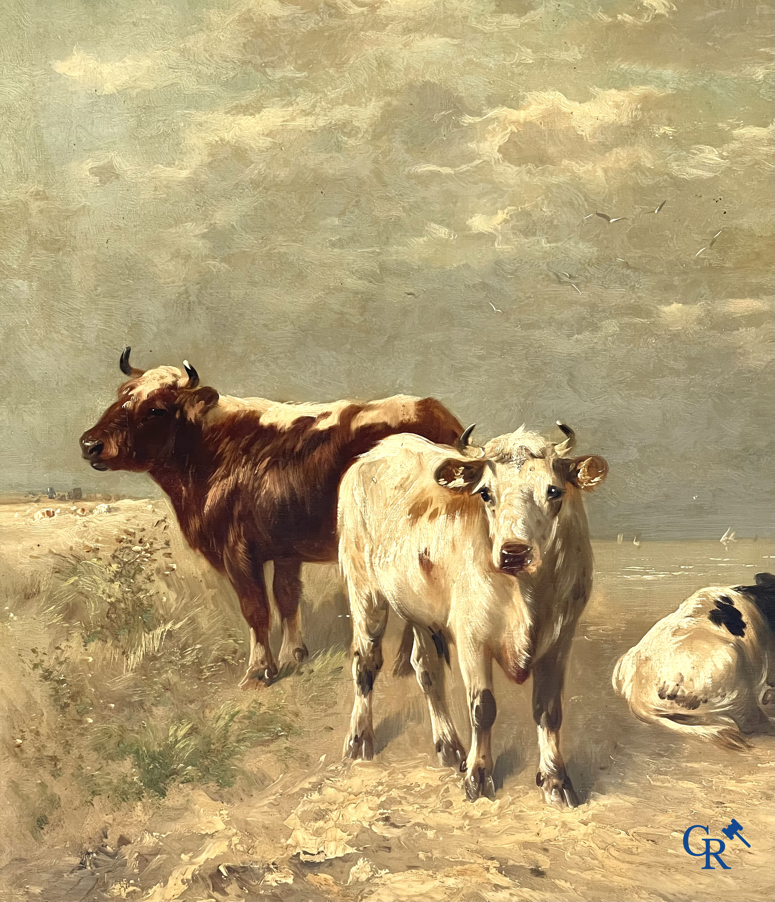 Henry Schouten. Koeien in de duinen. Groot schilderij met vergulde kader. Rechtsonder gesigneerd.