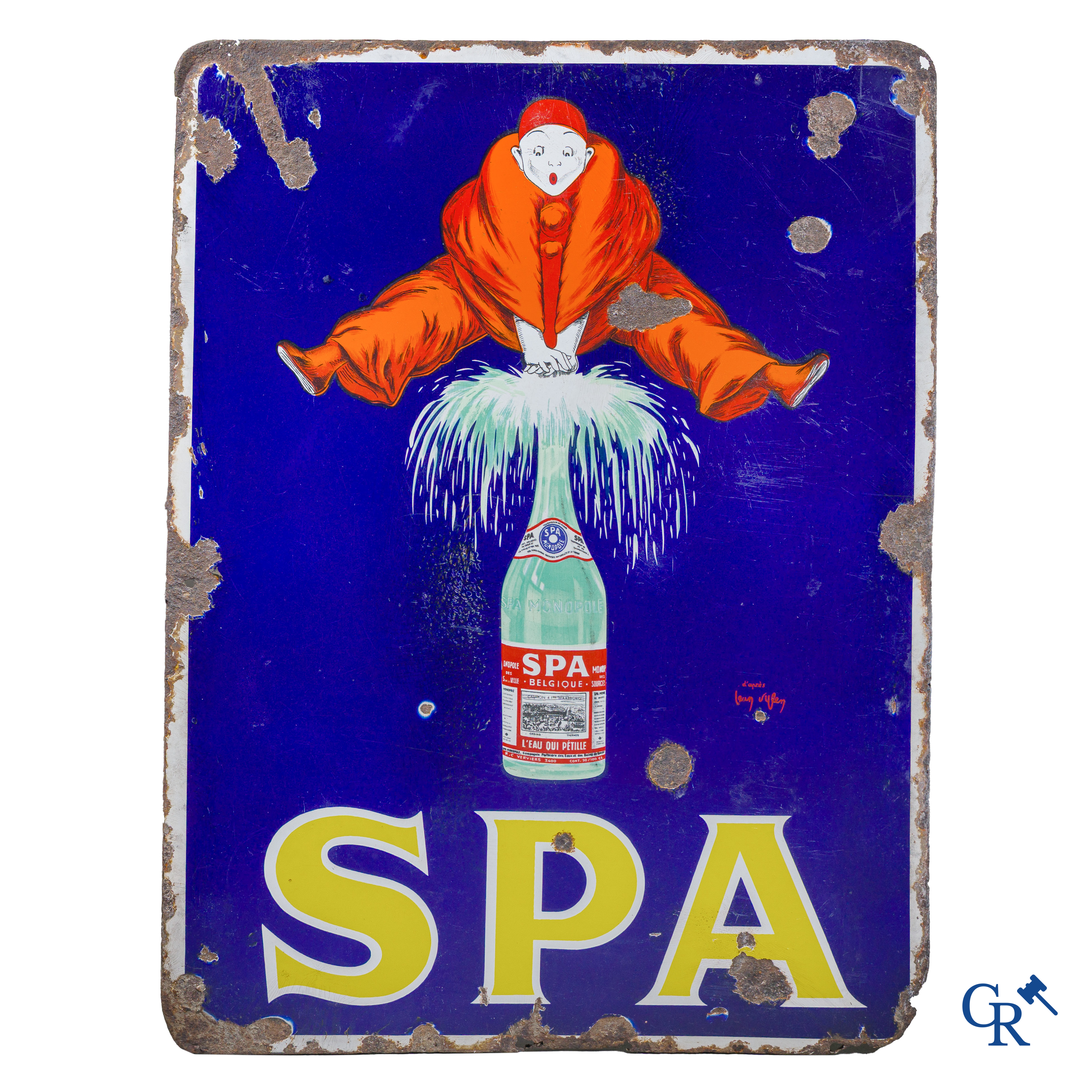 Spa, groot emaille reclamebord met "Pierrot" naar een ontwerp van Jean d'Ylen.
