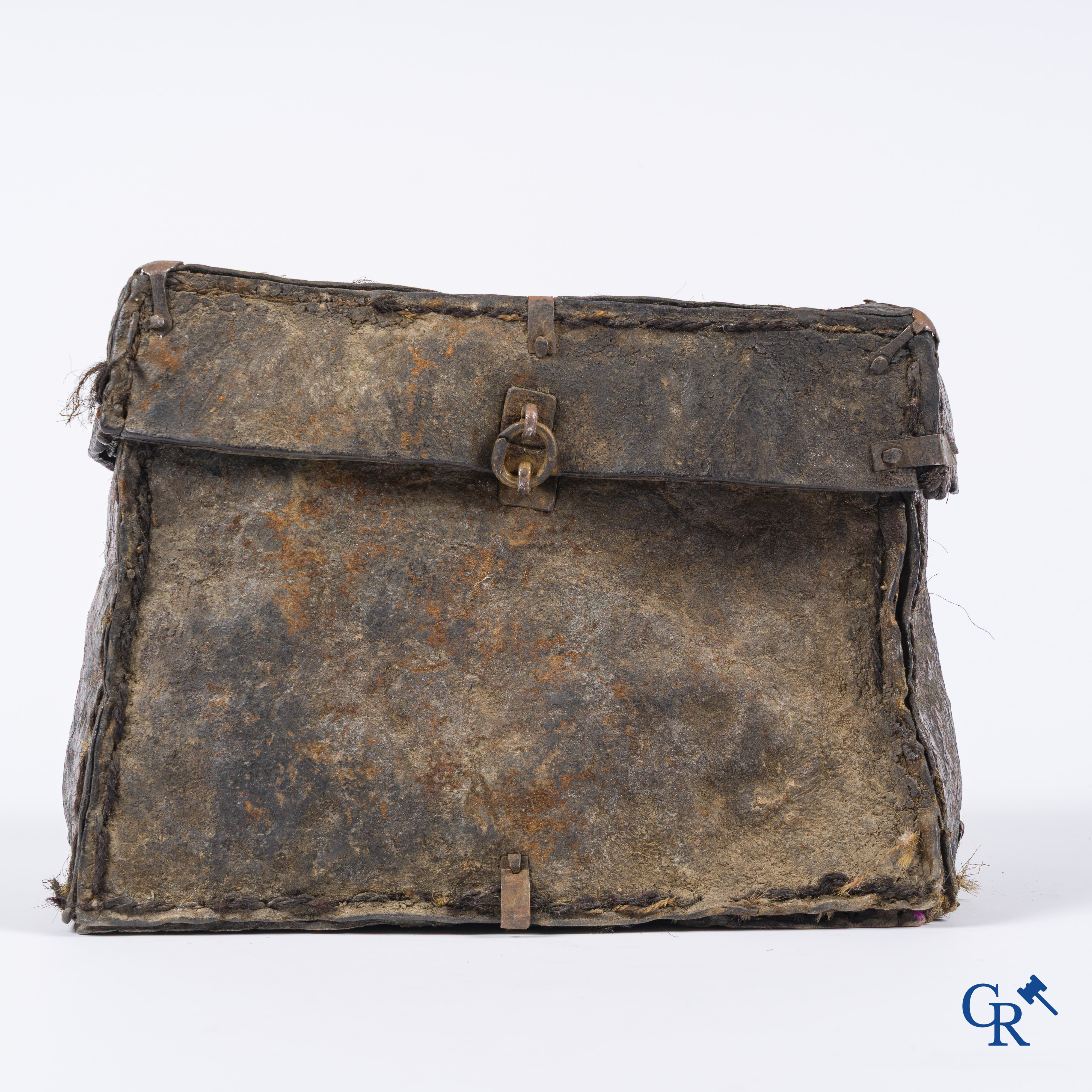 Antique leather money or documents case with original wrought iron lock work.