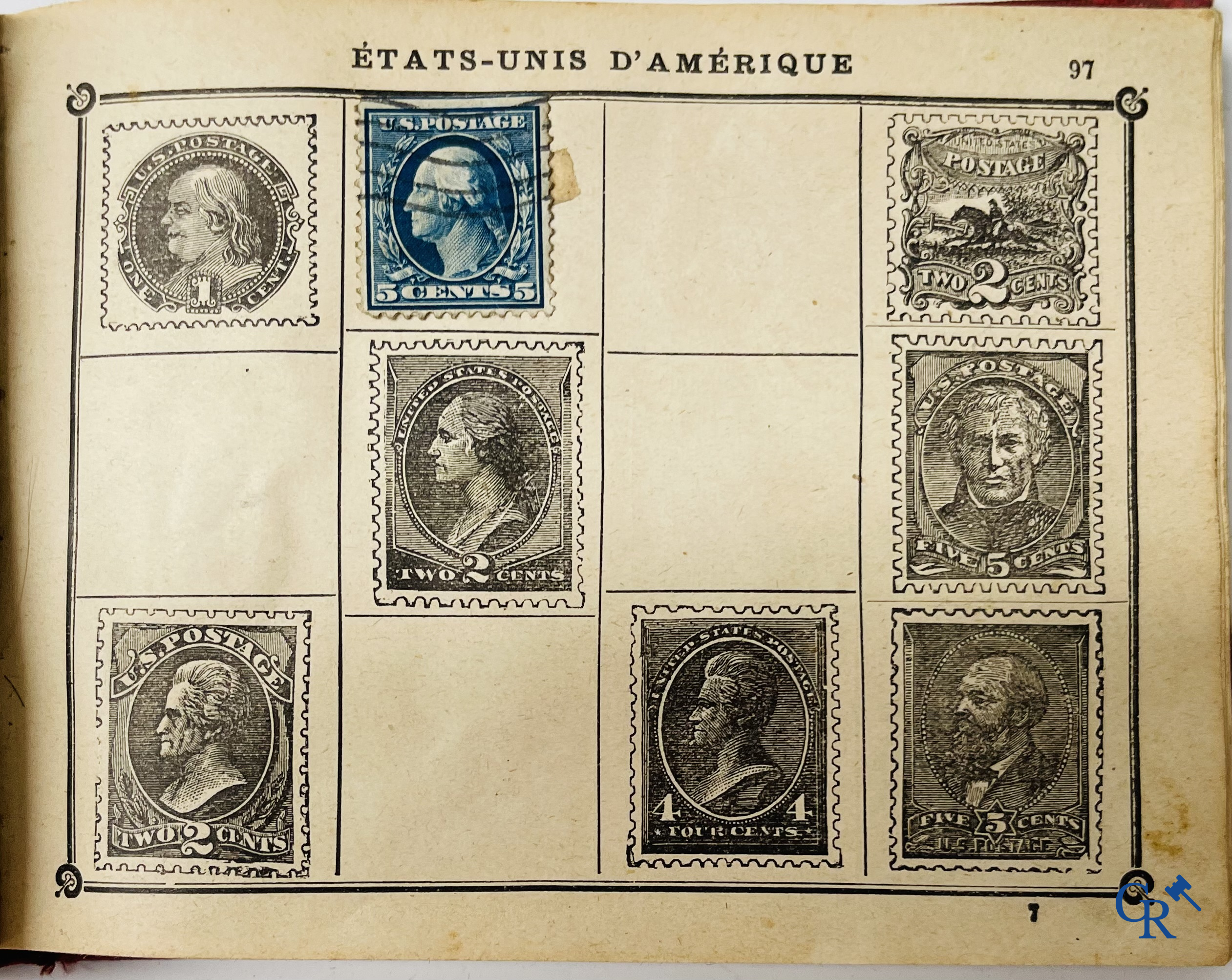 Filatelie. Album met verschillende zeldzame antieke postzegels, waaronder vroege Belgische postzegels.