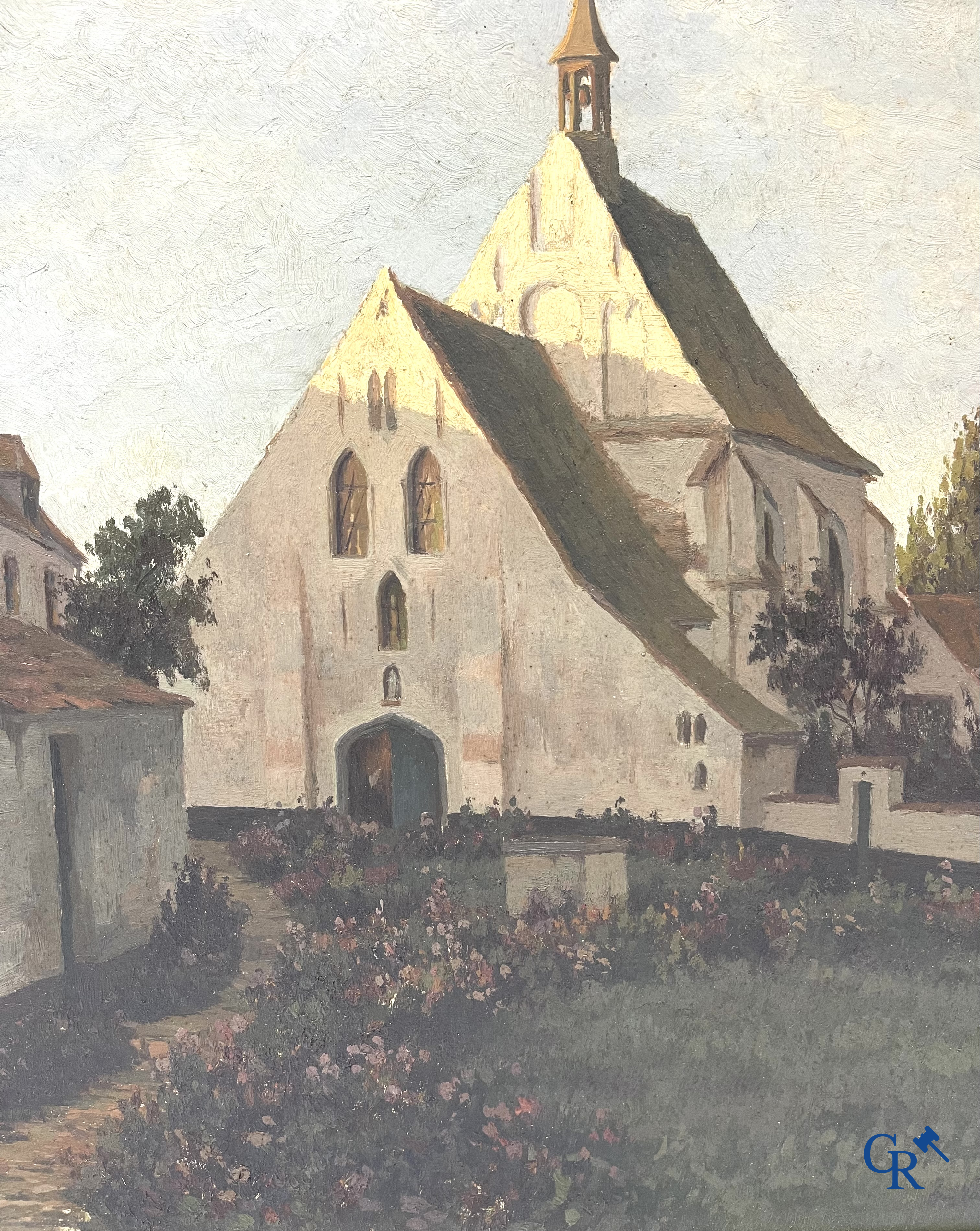 Van Sassenbrouck. Zicht van het begijnhof. Olie op hardboard. Rechtsonder gesigneerd.