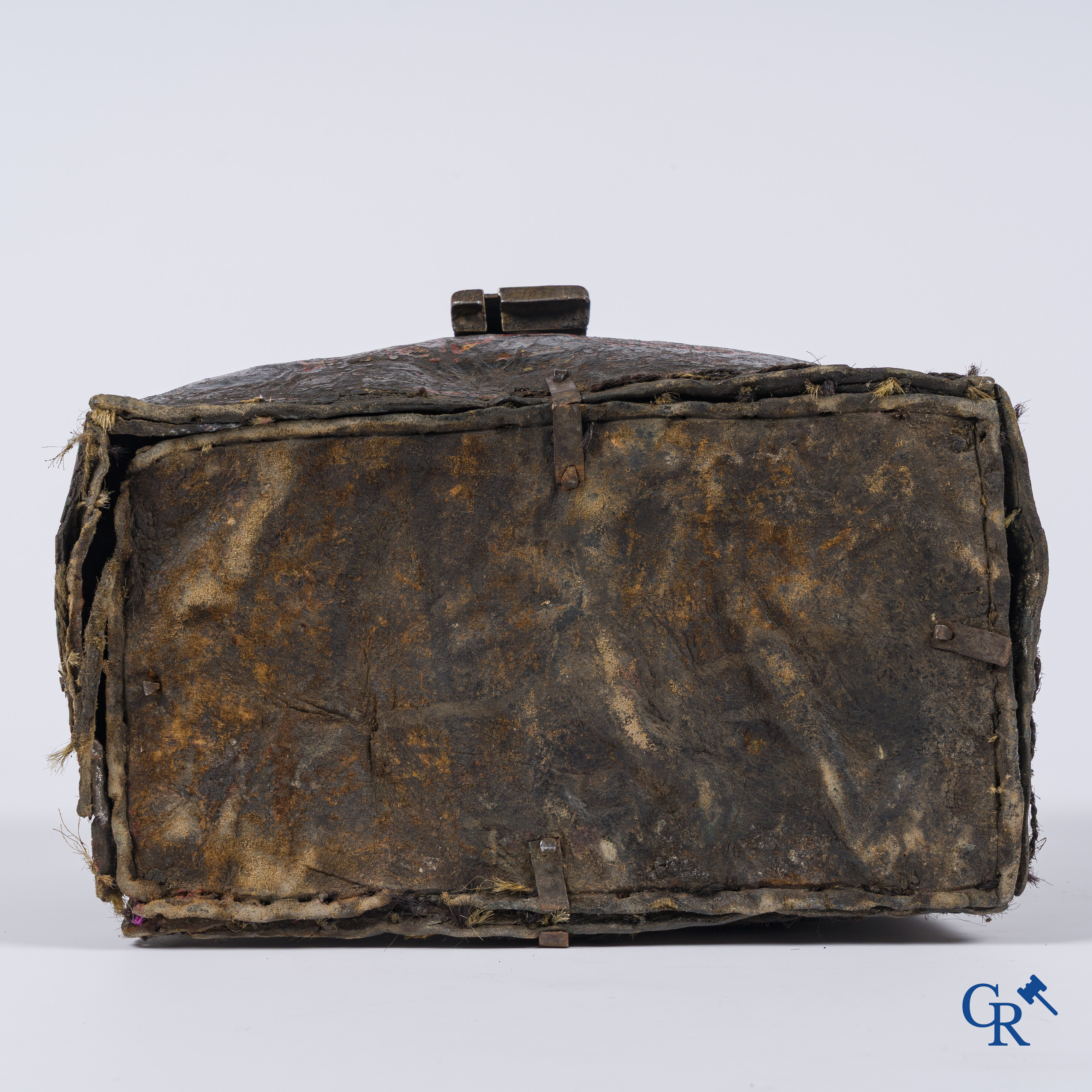 Antique leather money or documents case with original wrought iron lock work.