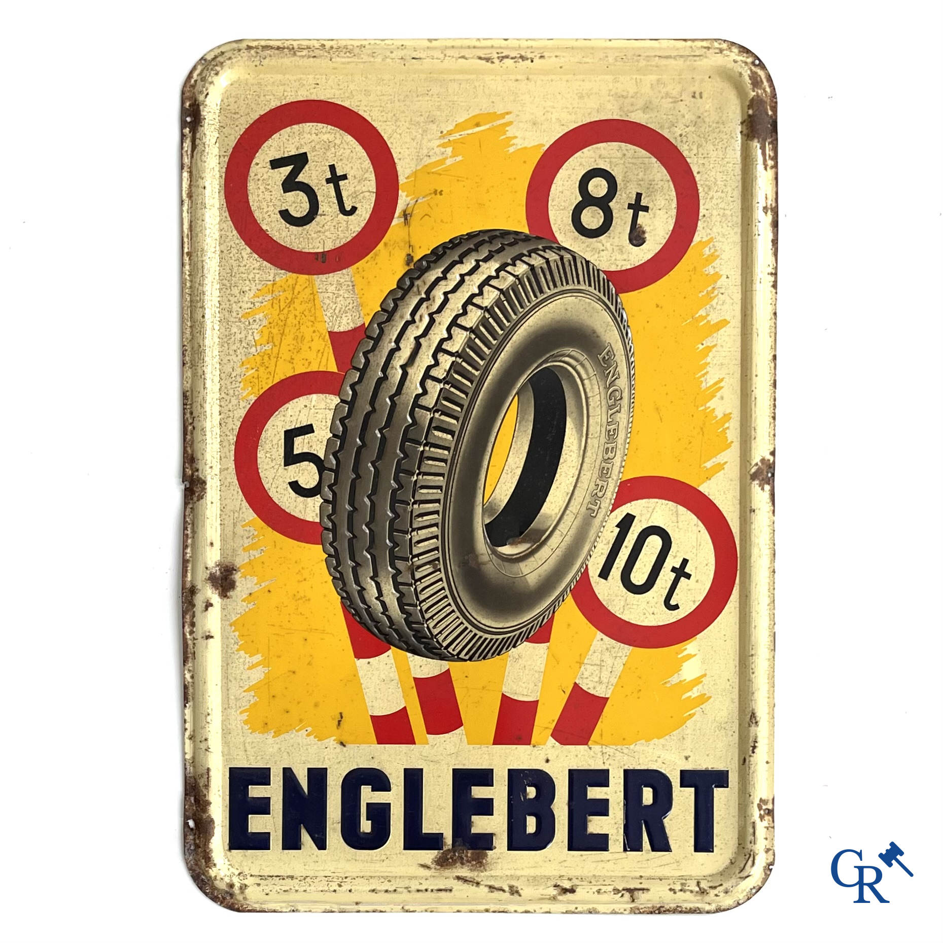 Englebert, publiciteit gedrukt op metaal voor Englebert banden. Etabl. J. Schuybroek S.A. Hoboken Anvers. 1951.